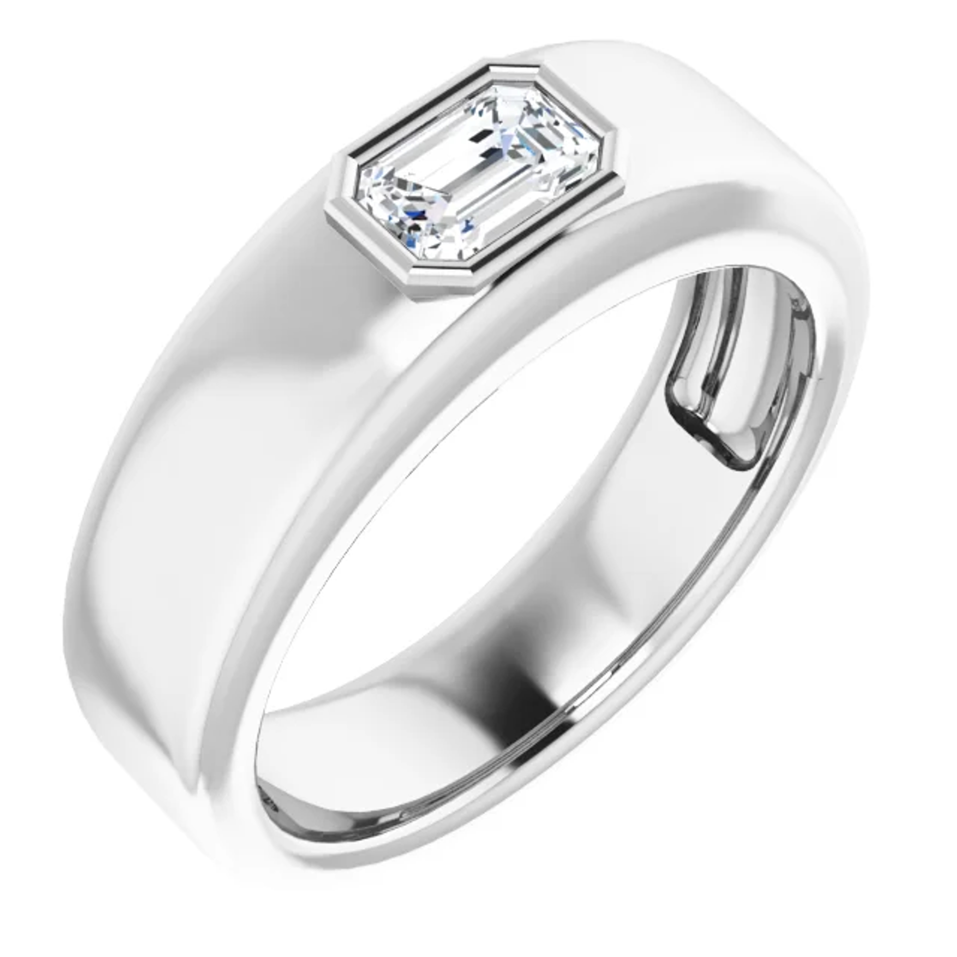 14K gold bezel set emerald-cut moissanite wedding ring