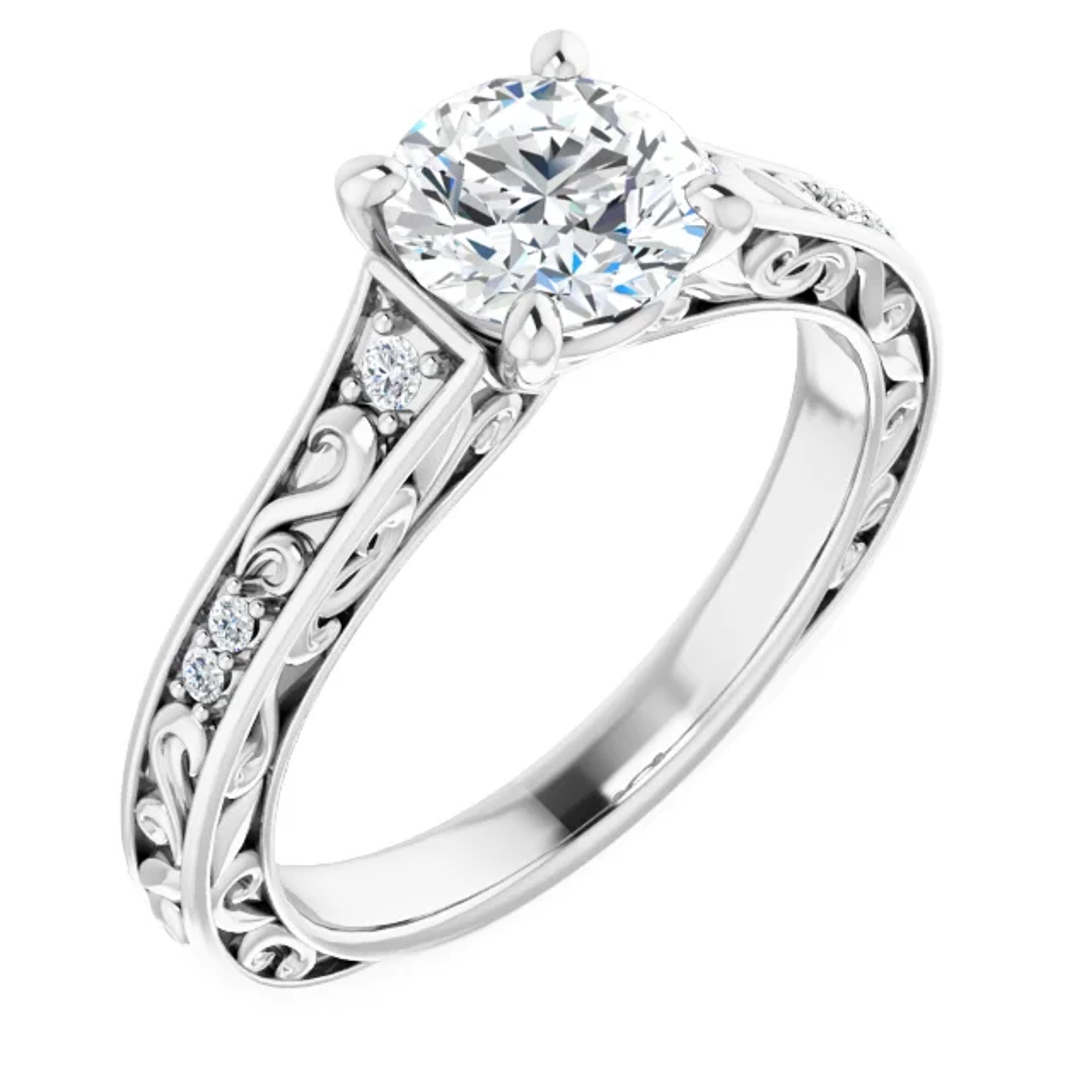 vintage-inspired engagement ring with scrollwork and diamond accents in the band