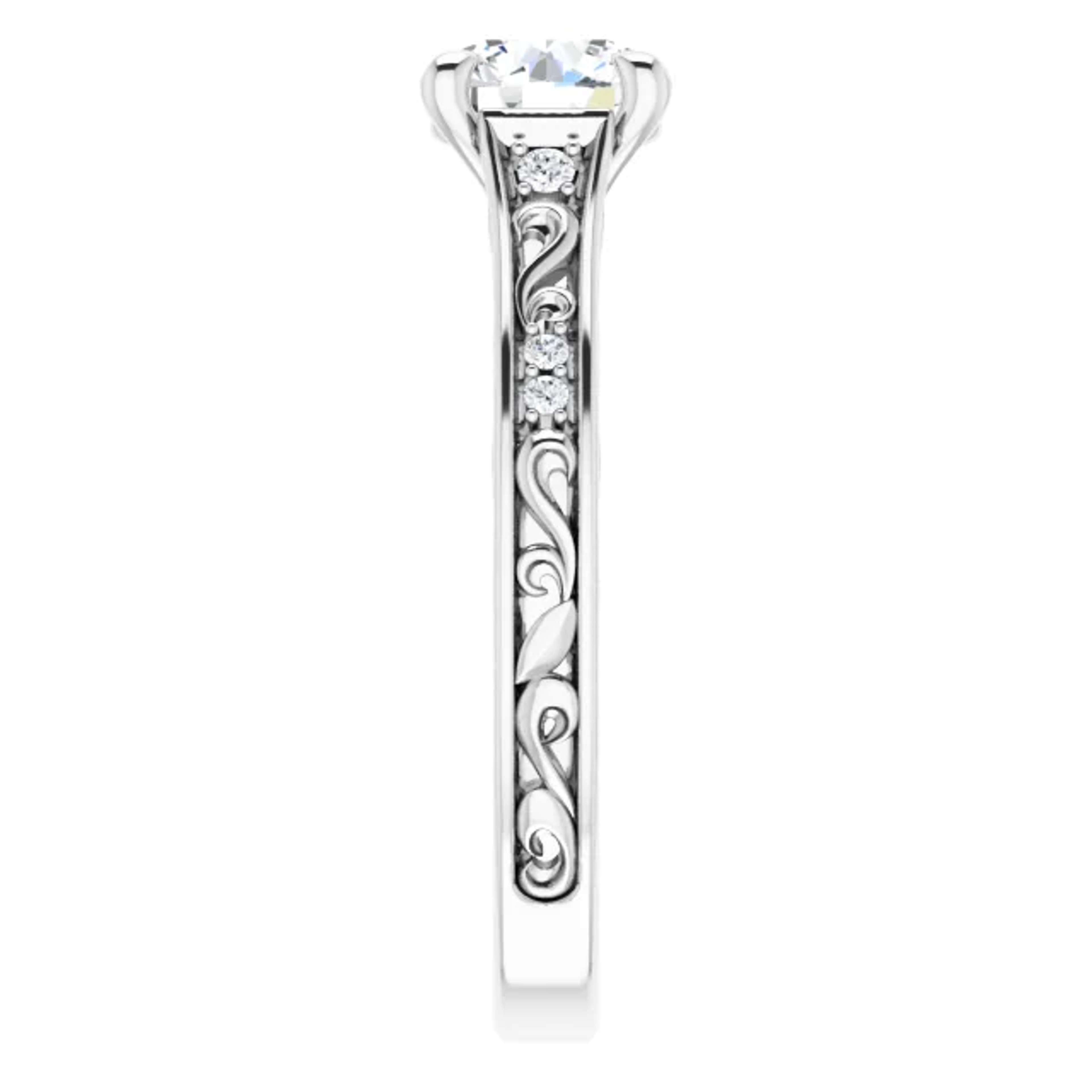 vintage-inspired engagement ring with scrollwork and diamond accents in the band