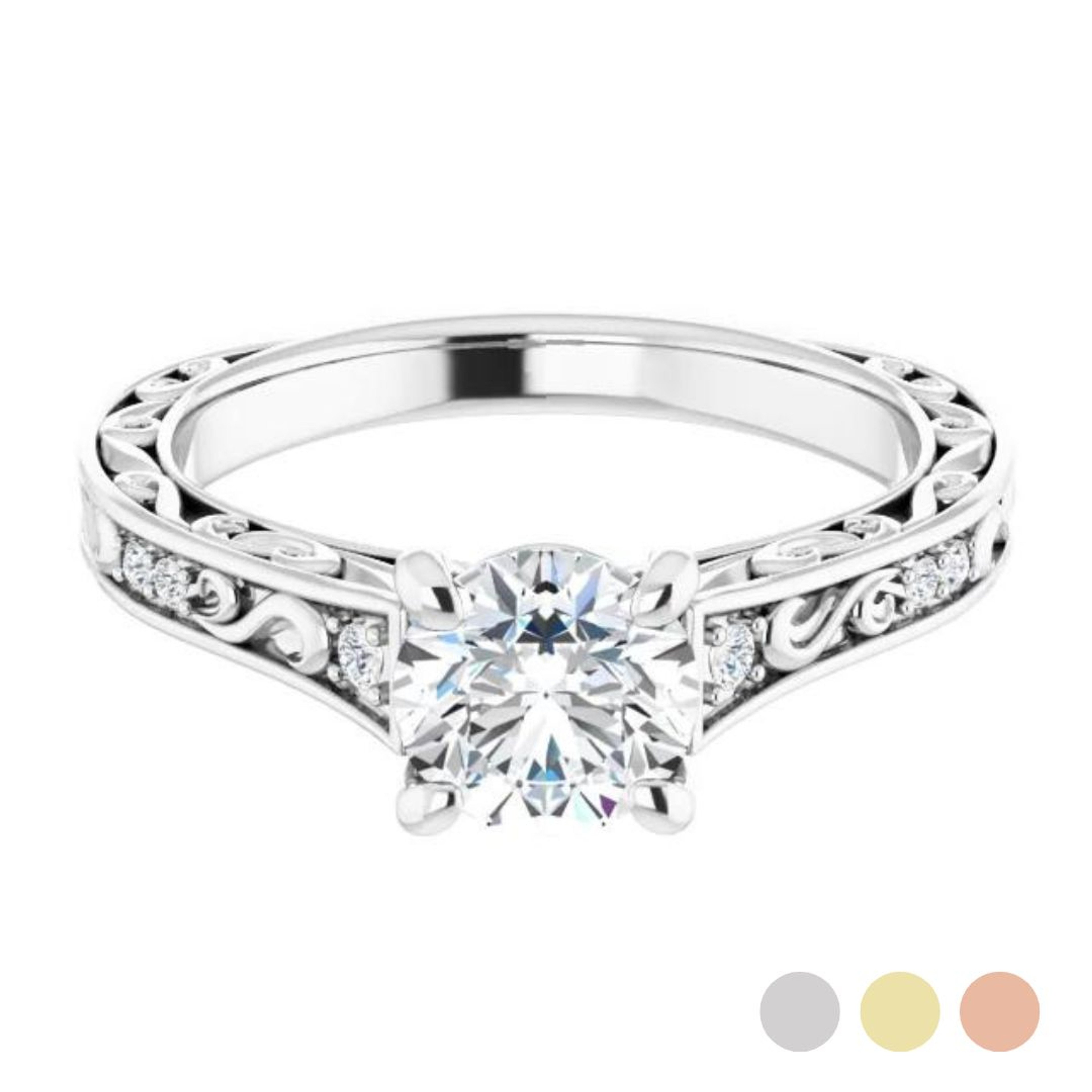 vintage-inspired engagement ring with scrollwork and diamond accents in the band