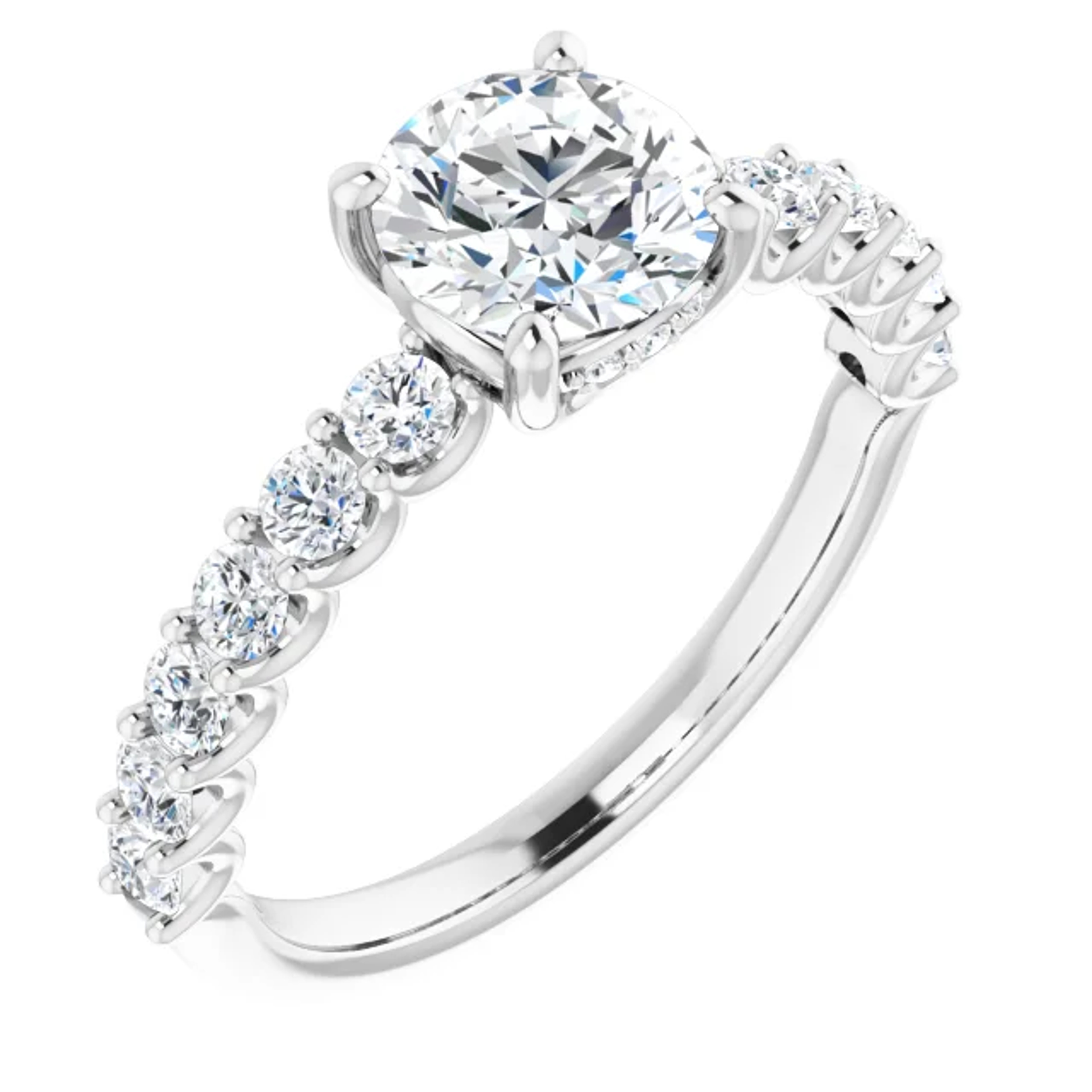 straight engagement ring with hidden halo of diamonds with diamond accented band