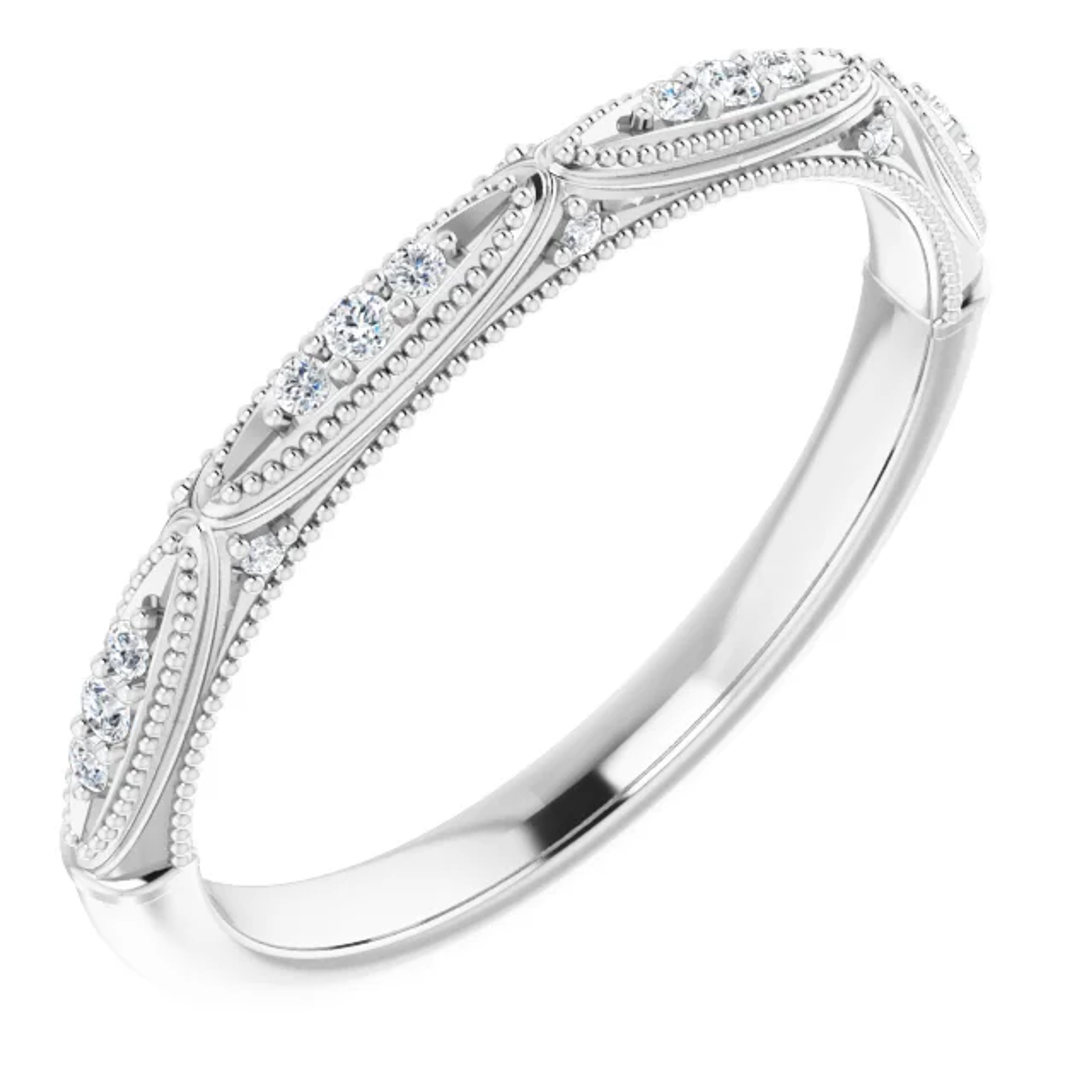 vintage-inspired wedding ring with diamond accents and milgrain detailing