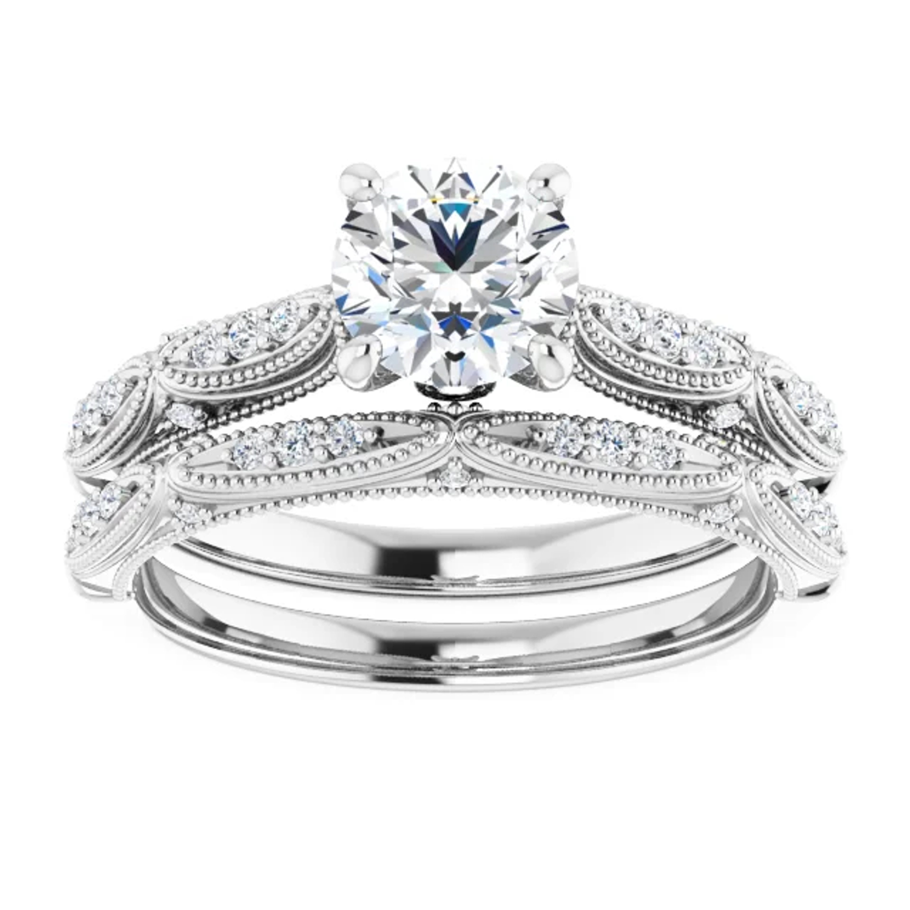 vintage-inspired wedding ring with diamond accents and milgrain detailing