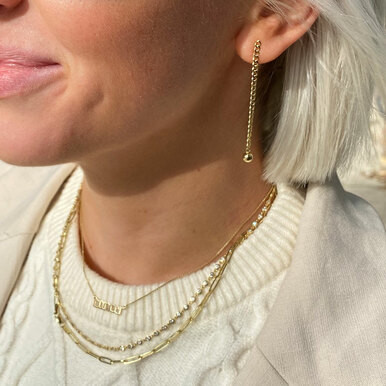 14K yellow gold curb chain drop earrings with bead