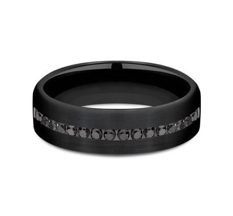 black titanium wedding ring with channel-set black diamonds and satin finish