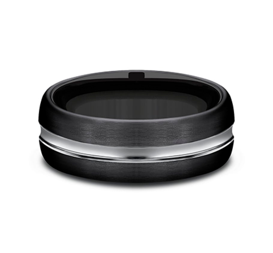 black cobalt wedding ring with satin finish and polished concave center cut
