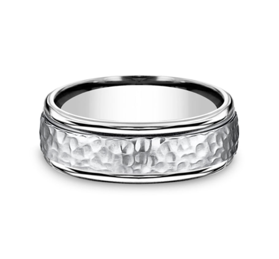 cobalt wedding ring with hammered finish center and beveled edges