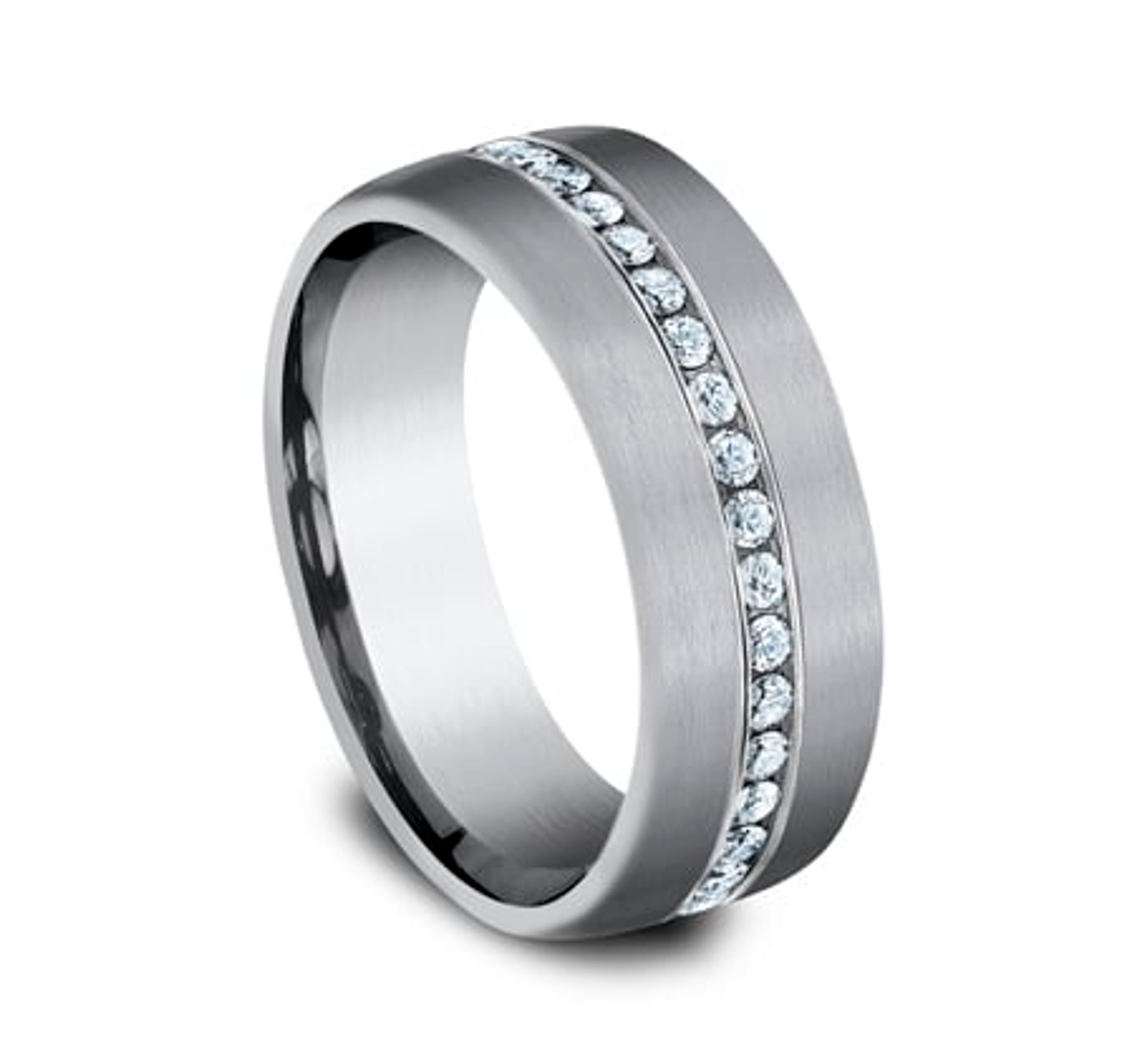 grey tantalum wedding ring with channel set lab grown diamonds and a satin finish