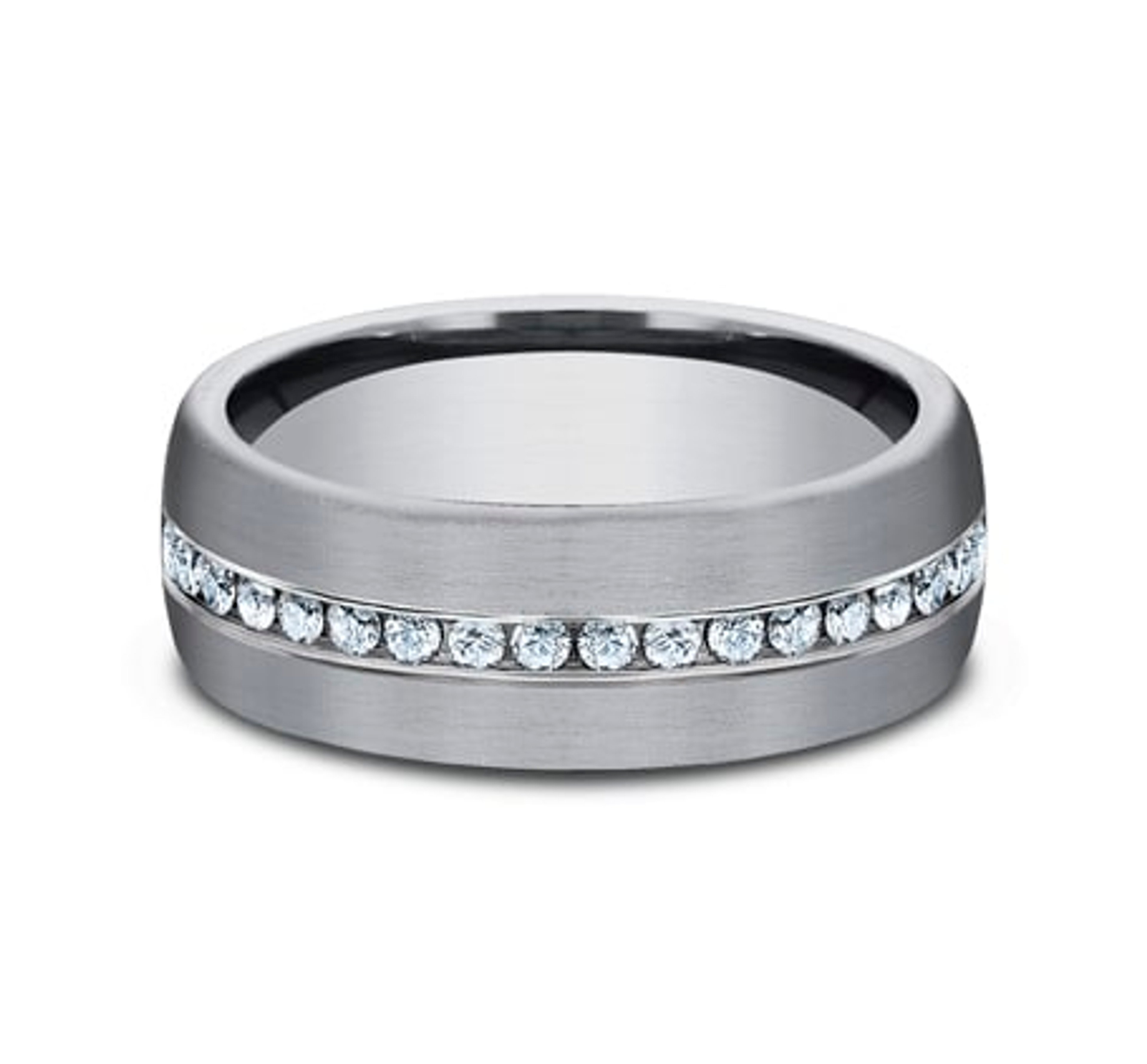 grey tantalum wedding ring with channel set lab grown diamonds and a satin finish