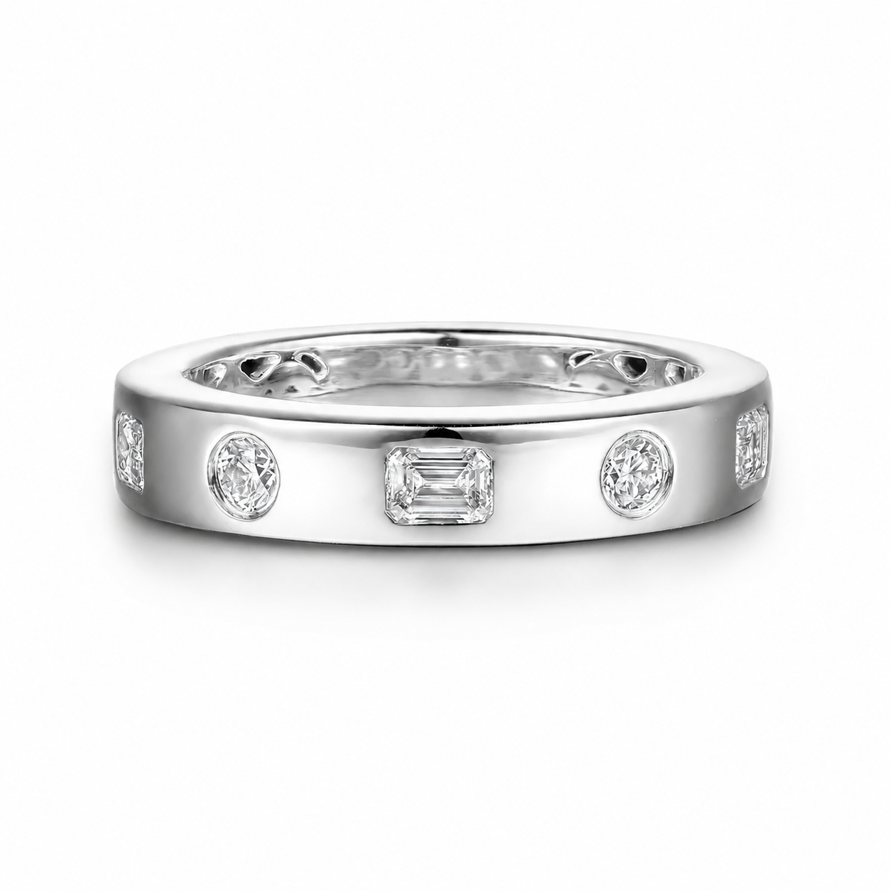 Amika Burnish Setting Emerald Cut and Round Diamond Anniversary Band
