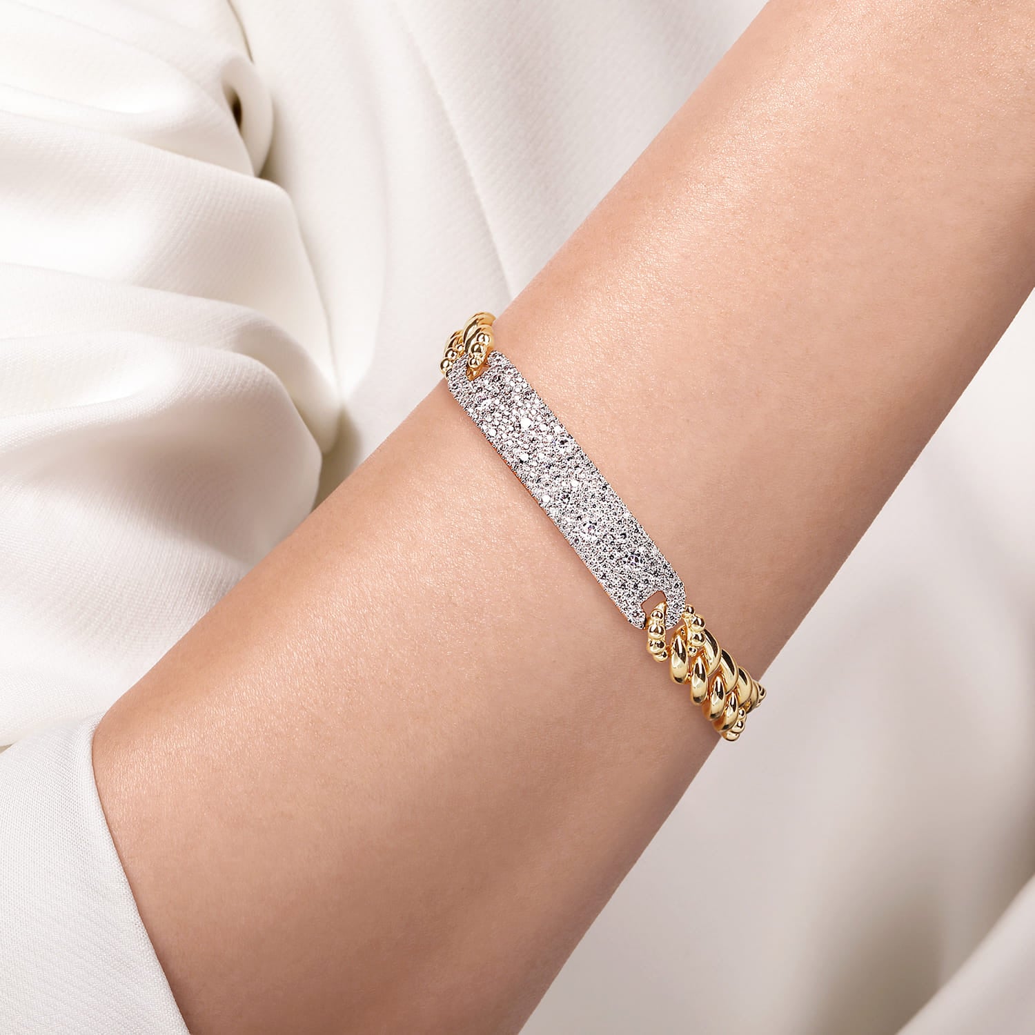 14K White and Yellow Gold 8mm Hollow Cuban Link Chain Bracelet with Pave Diamond ID Plate