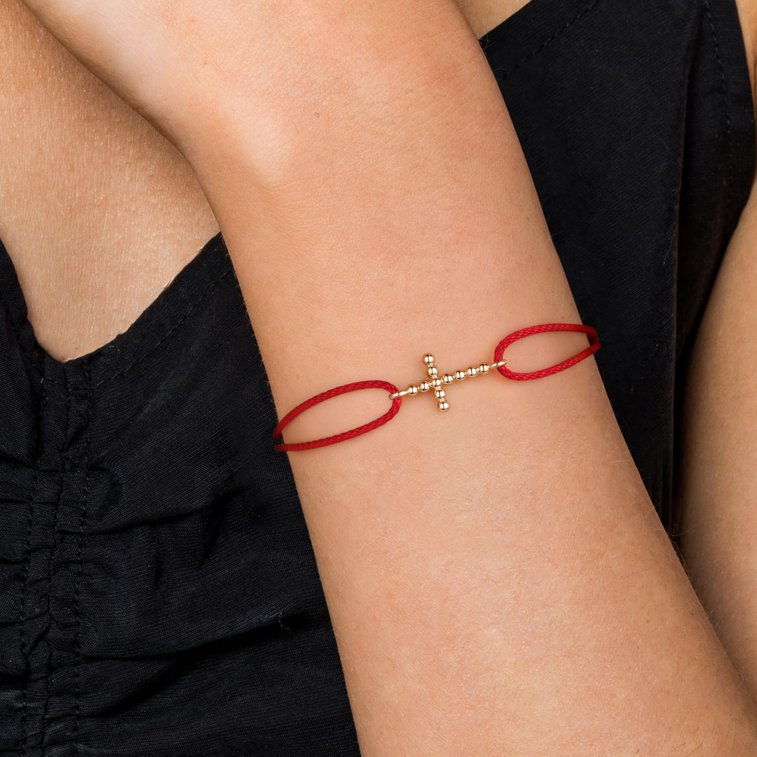 14K Yellow Gold Bujukan Cross Red Cord Bracelet