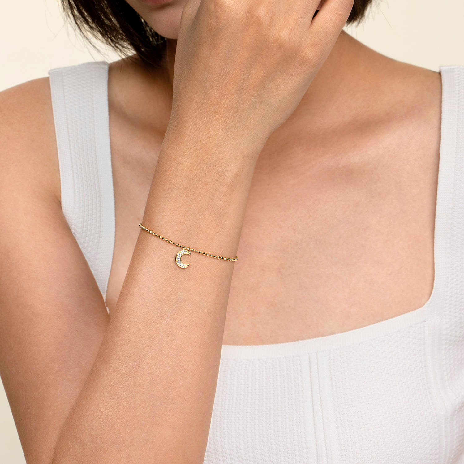 14K Yellow Gold Bujukan and White Sapphire Moon Charm Bracelet