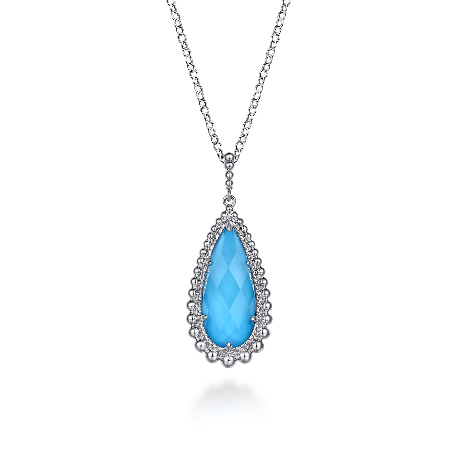 24 inch Sterling Silver Faceted Rock Crystal& Turquoise Bujukan Teardrop Necklace