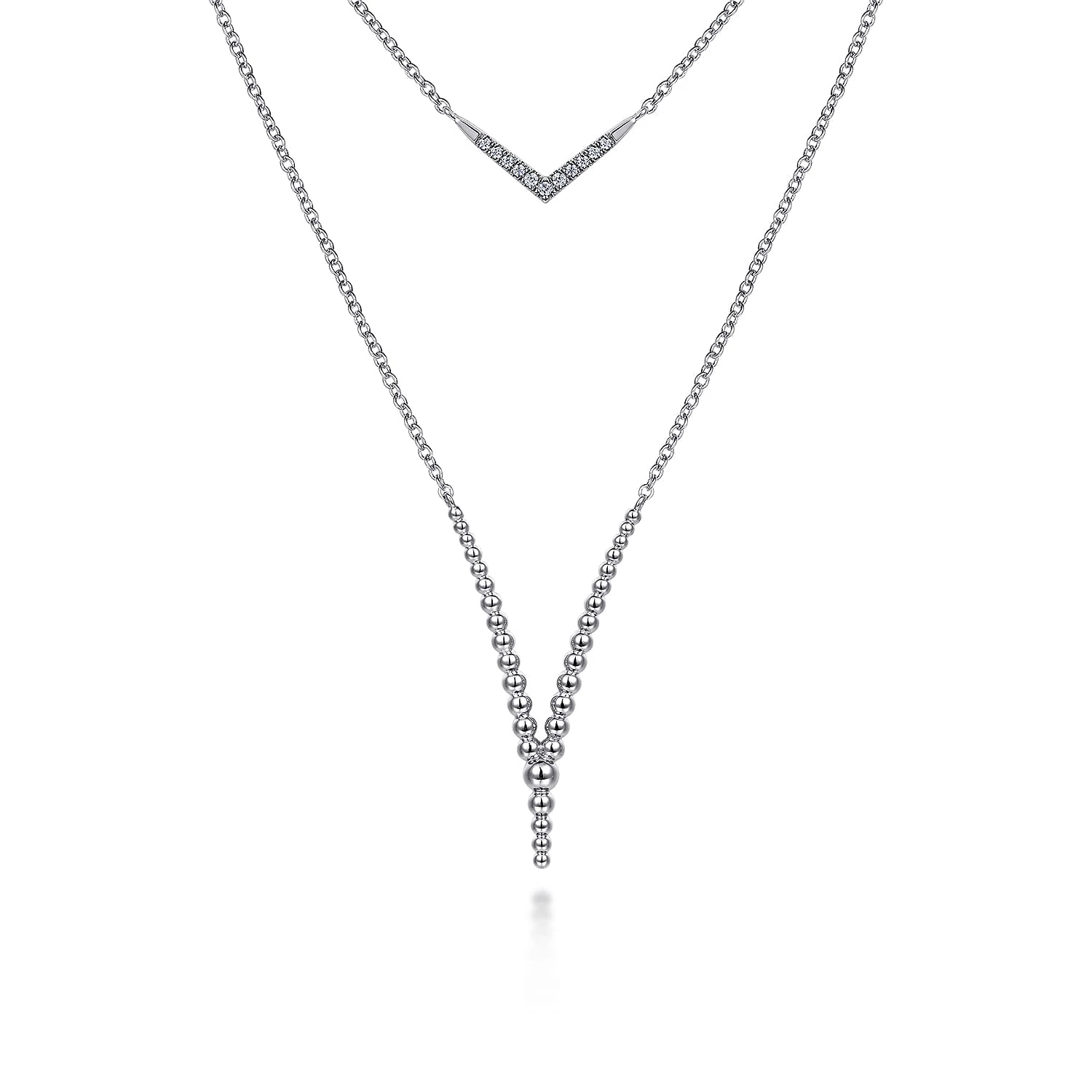 20 inch 925 Sterling Silver Diamond and Beaded Chevron Necklace
