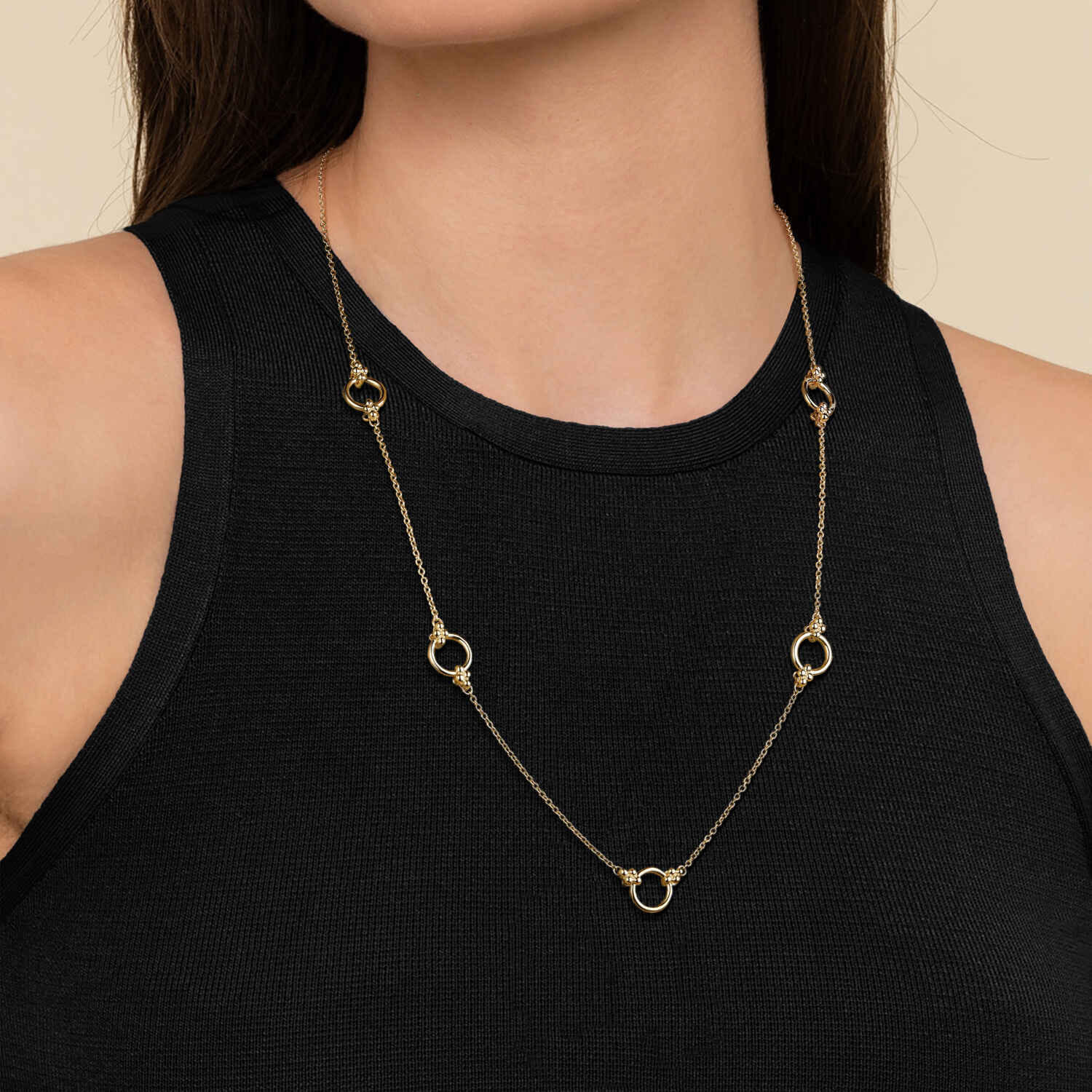 14K Yellow Plain Gold Bujukan Clover Link Chain Station Necklace