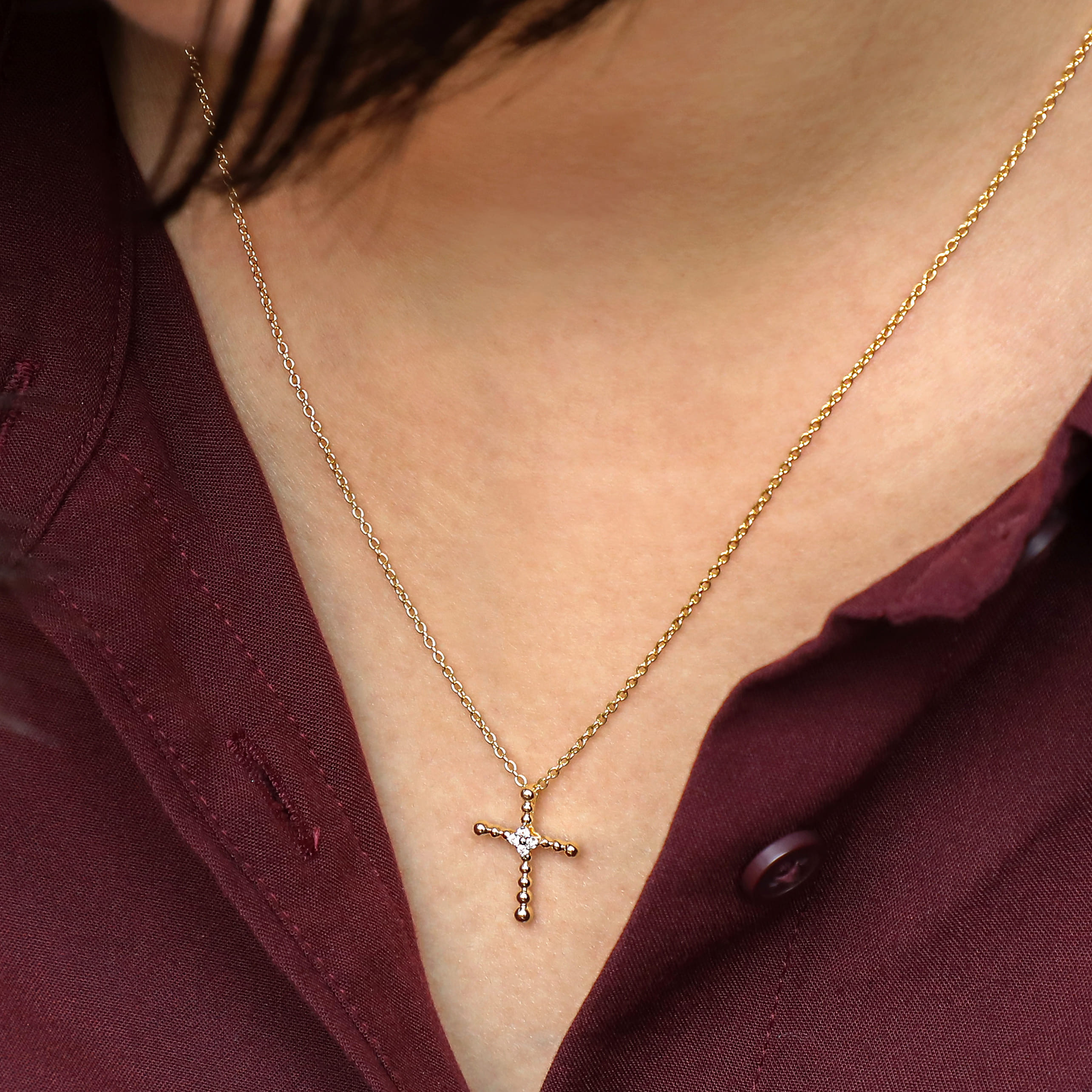 14K Yellow Gold Bujukan Beaded Diamond Cross Pendant Necklace