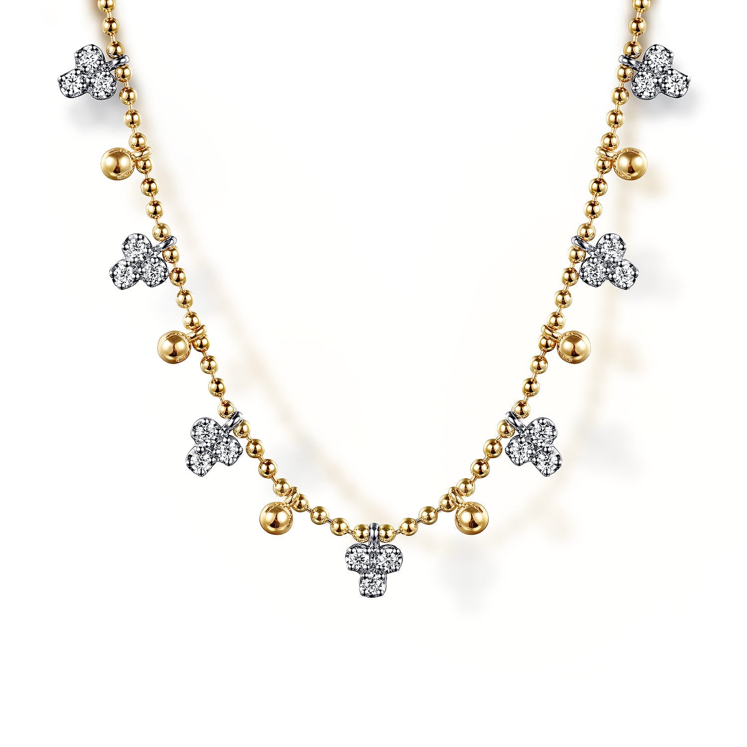 14K White & Yellow Gold Beaded Diamond Droplet Necklace-Bujukan