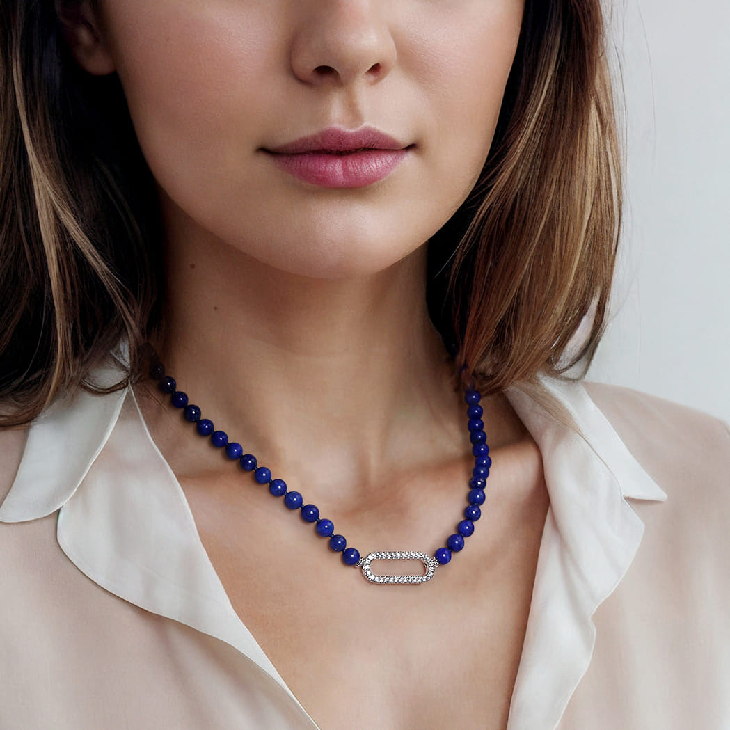 925 Sterling Silver White Sapphire and Lapis Beads Necklace