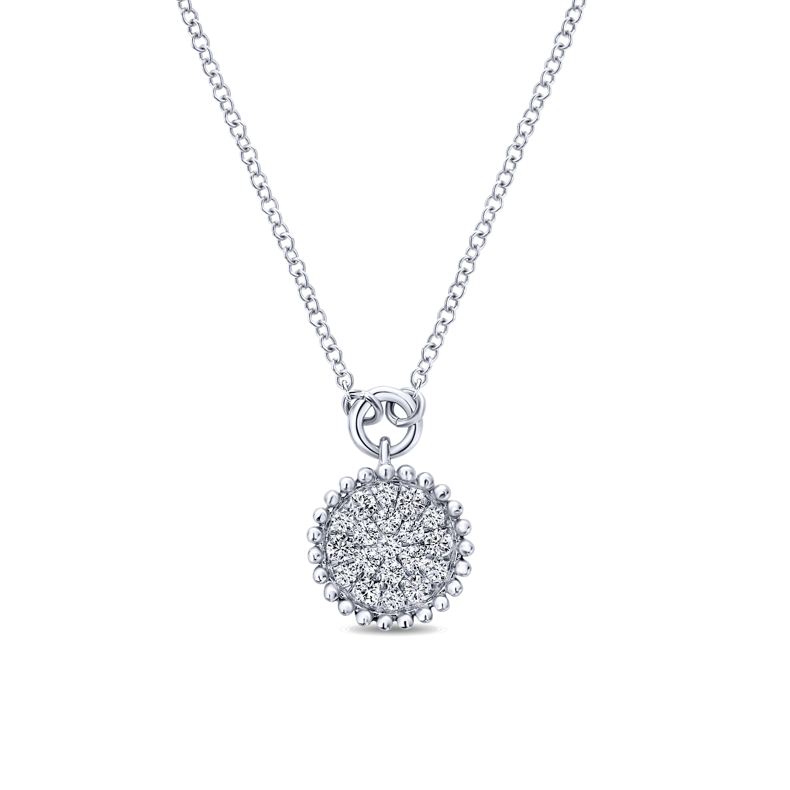 14K Gold Beaded Round Diamond Cluster Pendant Necklace
