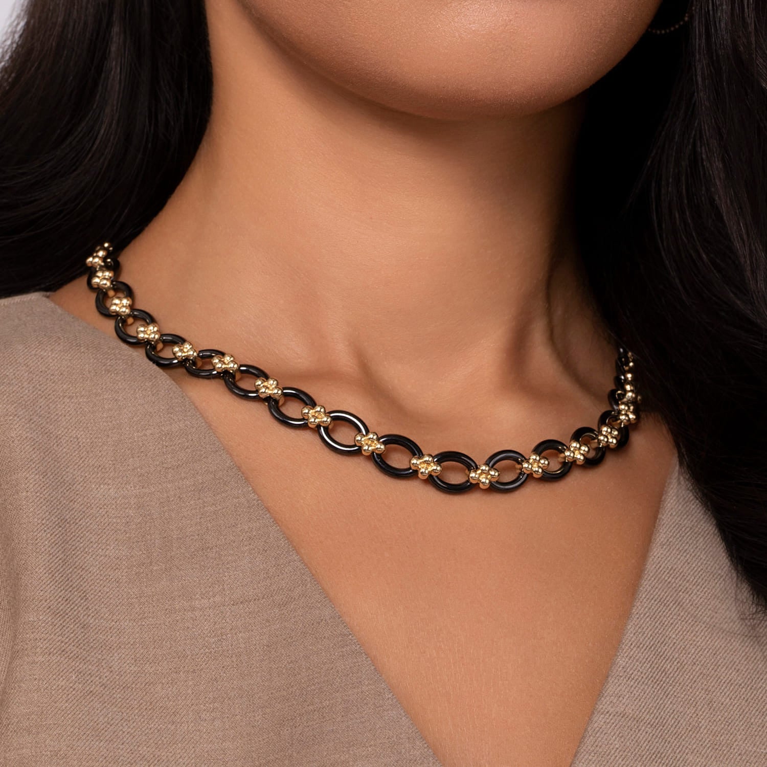 14K Yellow Gold Ceramic Oval Link Chain Necklace with Bujukan Connectors