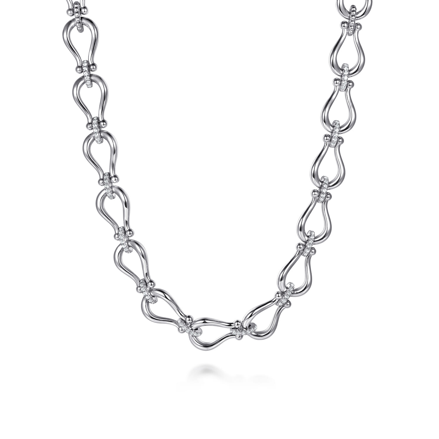 925 Sterling Silver Bujukan Beaded Horseshoe White Sapphire Link Chain Necklace