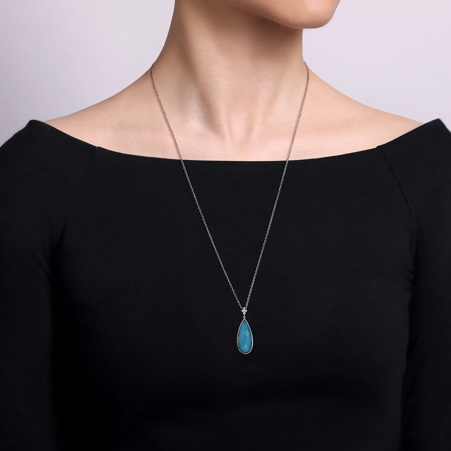 24 inch 925 Sterling Silver Faceted Rock Crystal & Turquoise Doublet Bujukan Teardrop Necklace