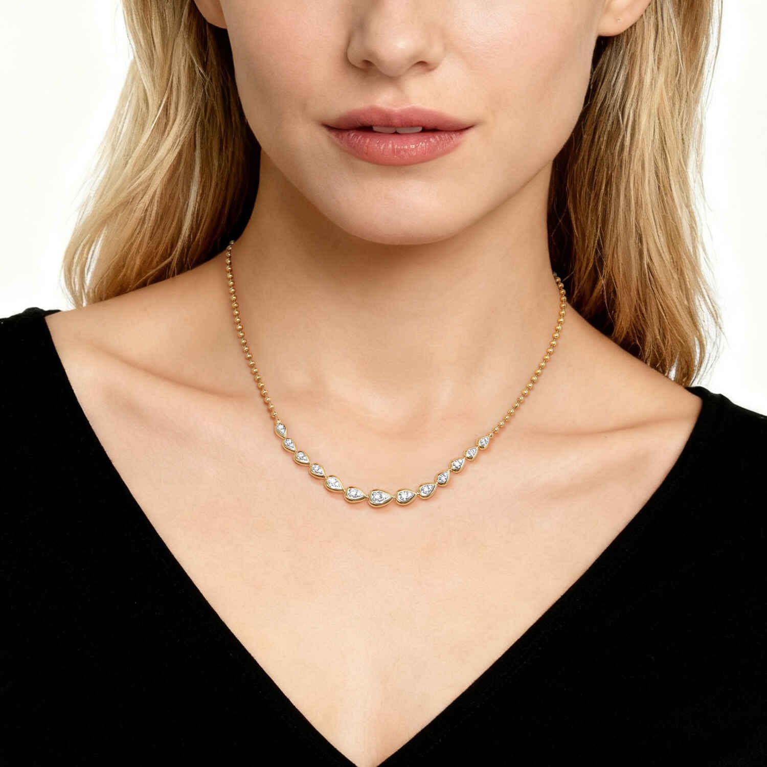 14K White&Yellow Gold Bujukan Pear Shape Diamond Bezel Tennis Necklace