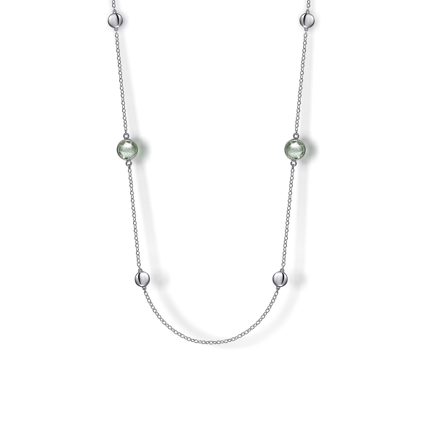 925 Sterling Silver 24 inch Bezel Green Amethyst and Round Hollow Silver Disk Station Necklace