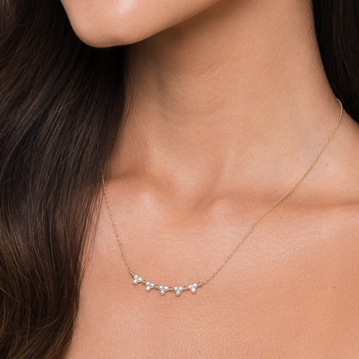 14K Yellow Gold Bujukan Bar Necklace with Diamond Trio Stations