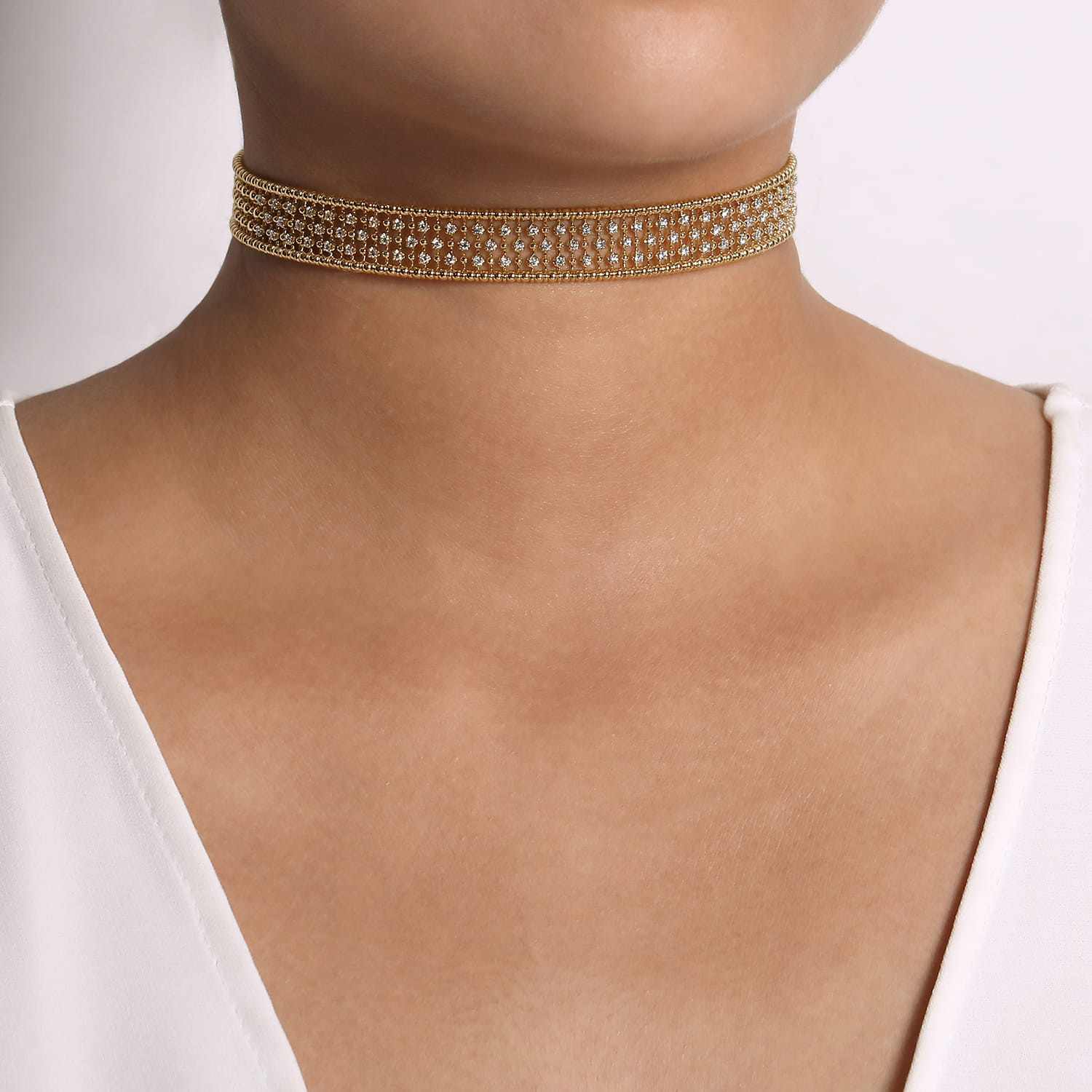 14K Yellow Gold Wide Diamond Station Choker Necklace with Bujukan Beads, 11.5+4 inch