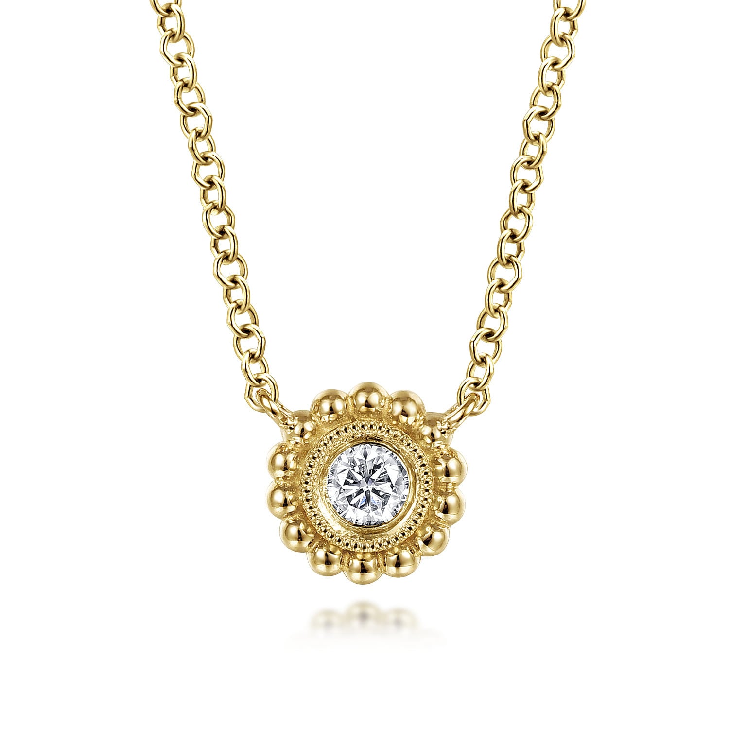 14K Gold Beaded Round Bezel Set Diamond Pendant Necklace
