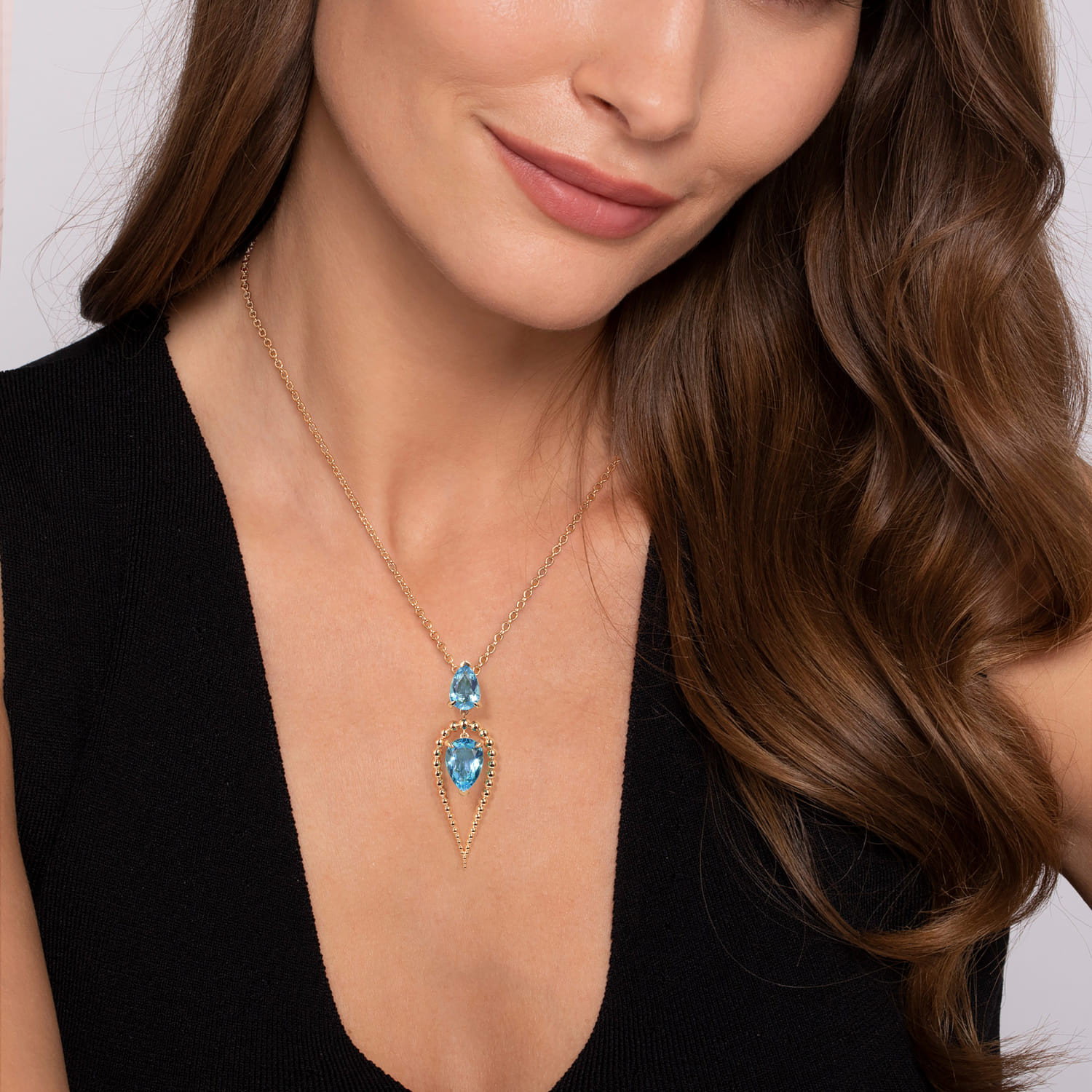 14K Yellow Gold Bujukan and Blue Topaz Pear Shape Pendant Drop Necklace