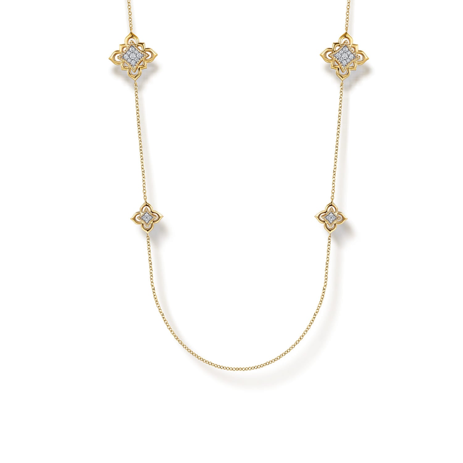 32 Inch 18K Yellow Gold Bujukan and Diamond Floral Station Necklace