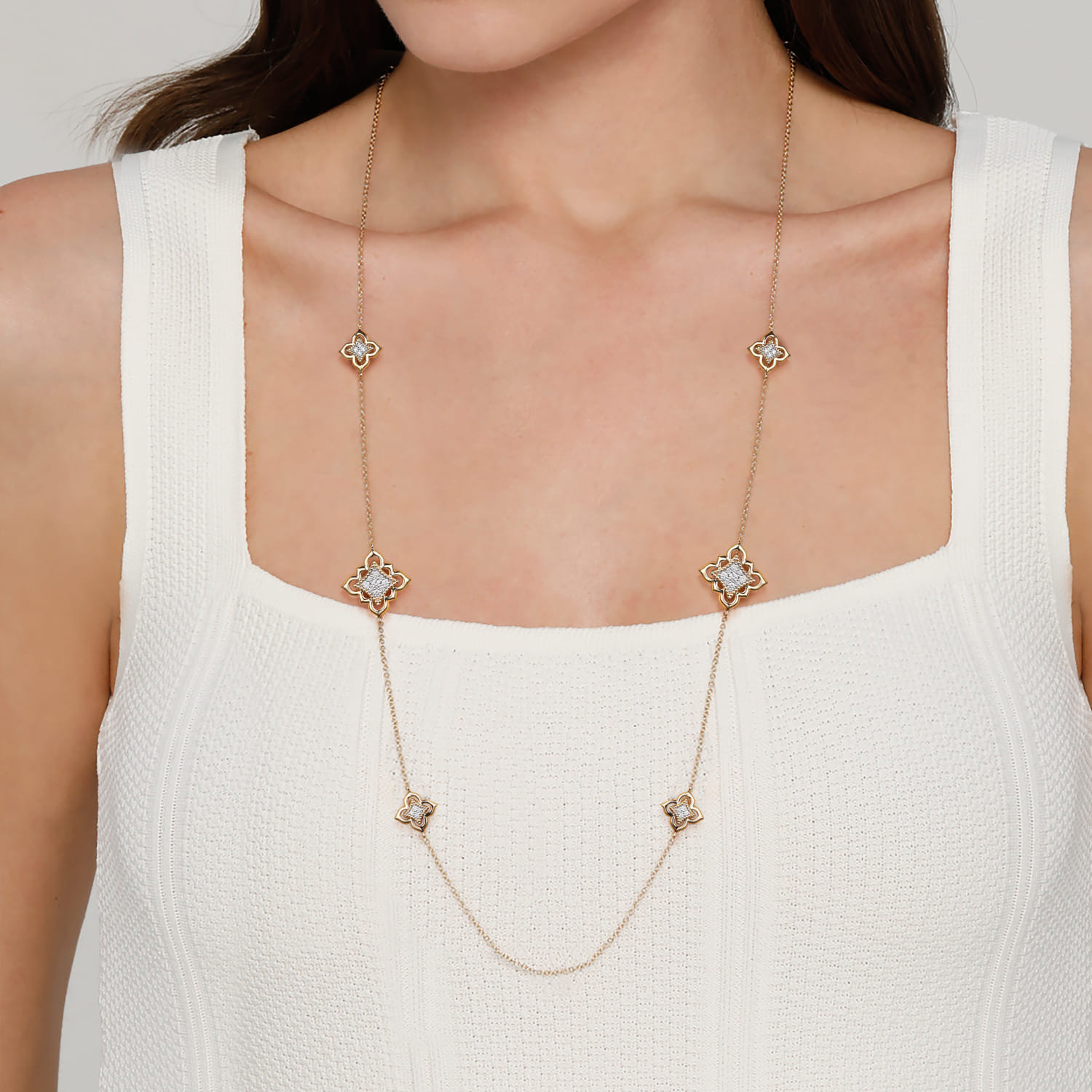 32 Inch 18K Yellow Gold Bujukan and Diamond Floral Station Necklace