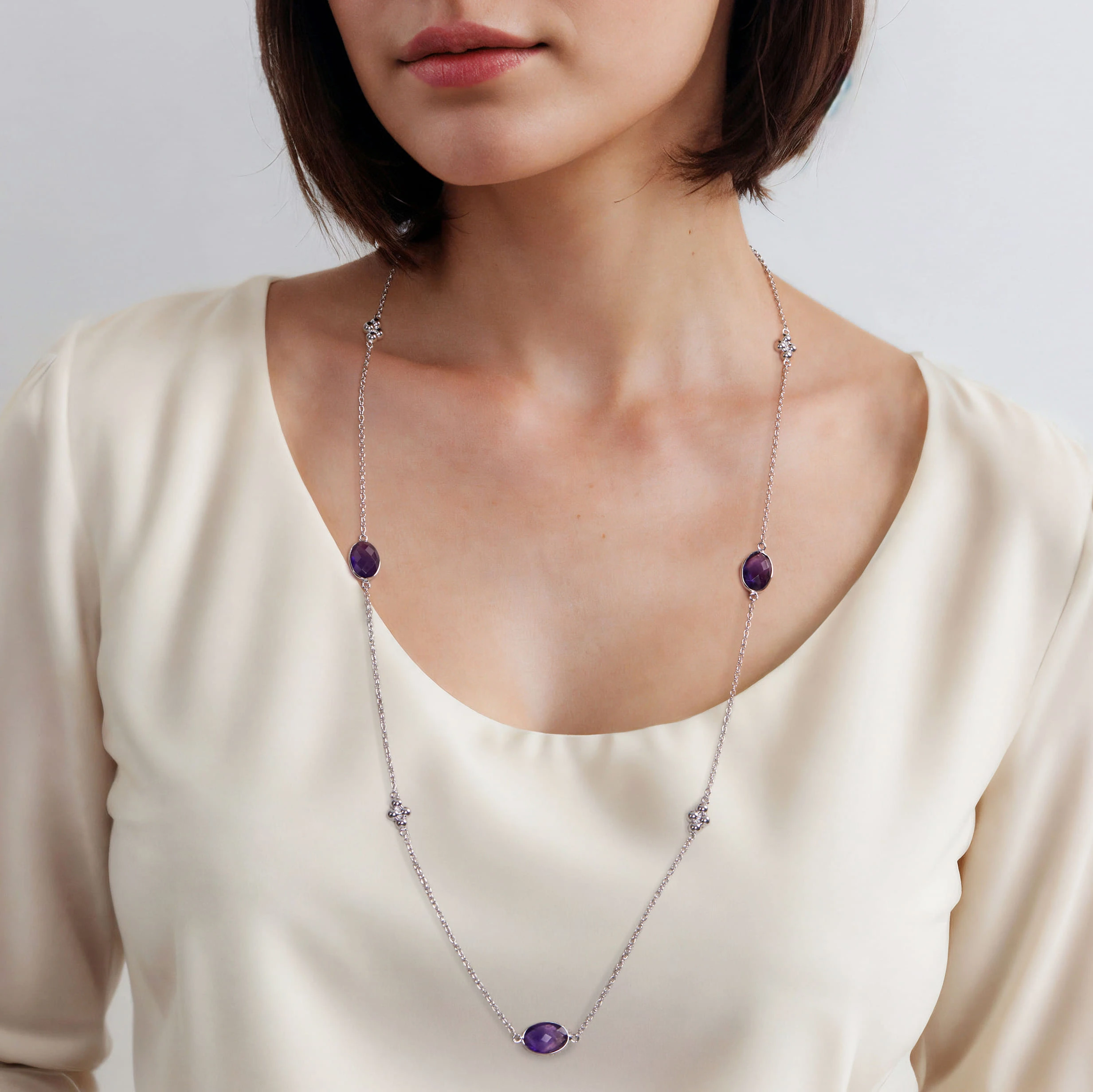 925 Sterling Silver 32 inch Bezel Oval Amethyst and Bujukan Beads Station Necklace