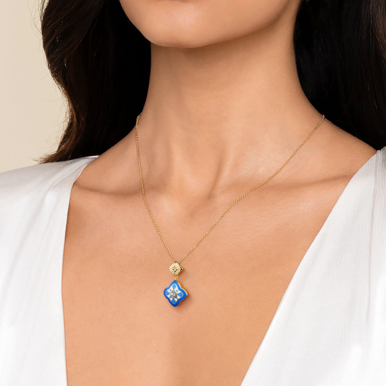 14K Yellow Gold Bujukan Blue Topaz Clover Pendant Drop Necklace with Blue, Dusk Blue and White Enamel