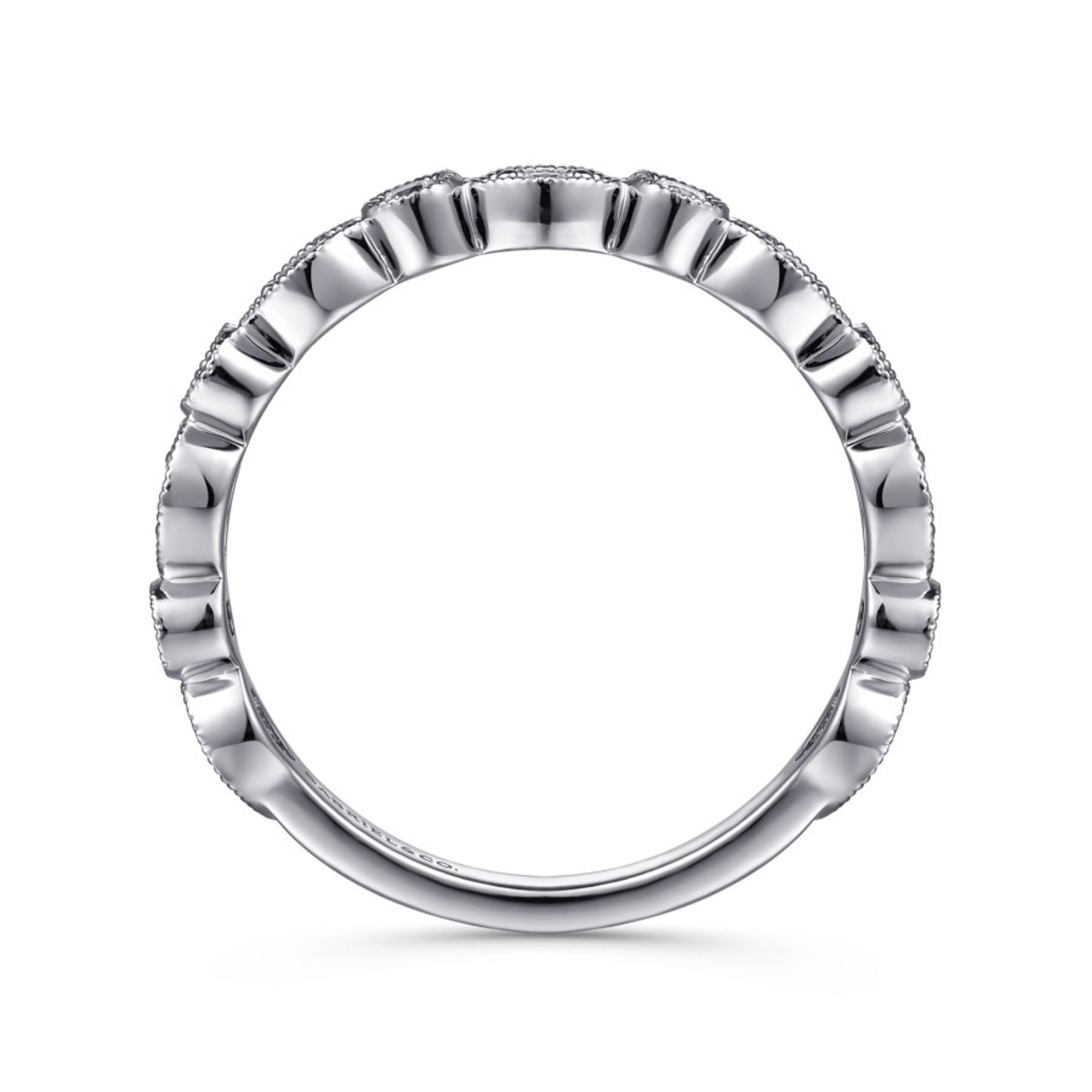 14K white gold diamond wedding ring with marquise and round shaped bezels and migrain detailing