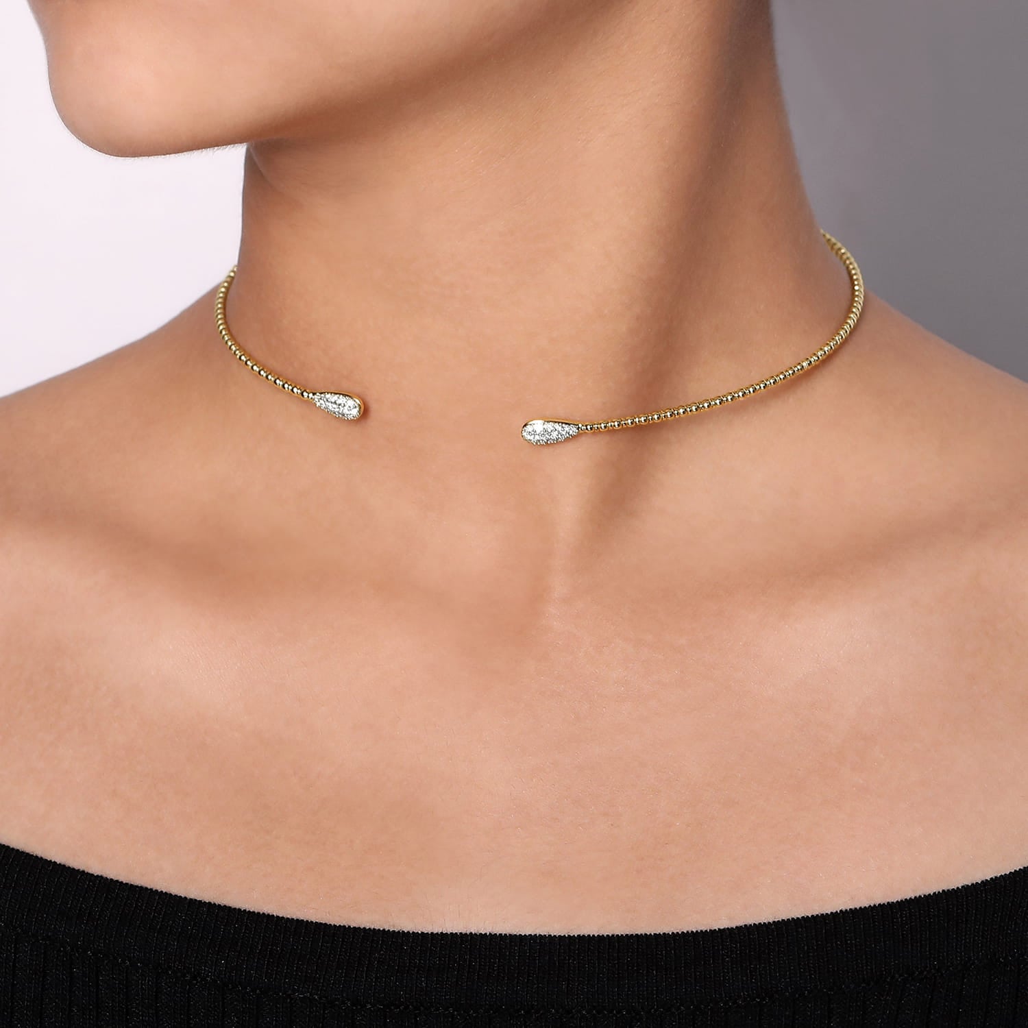 14K Yellow Gold Open Bujukan Beaded Choker Necklace with Pave Diamond Teardrops