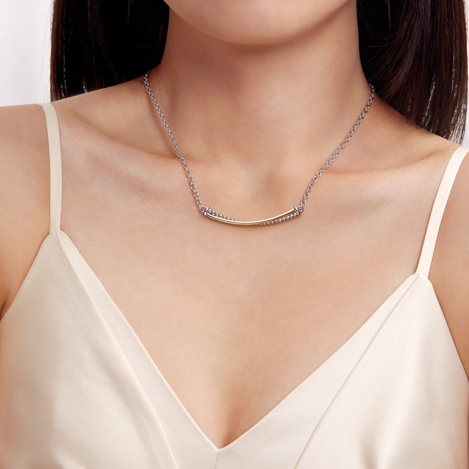 14K Yellow Gold and 925 Sterling Silver Bujukan Criss Cross Bar Necklace