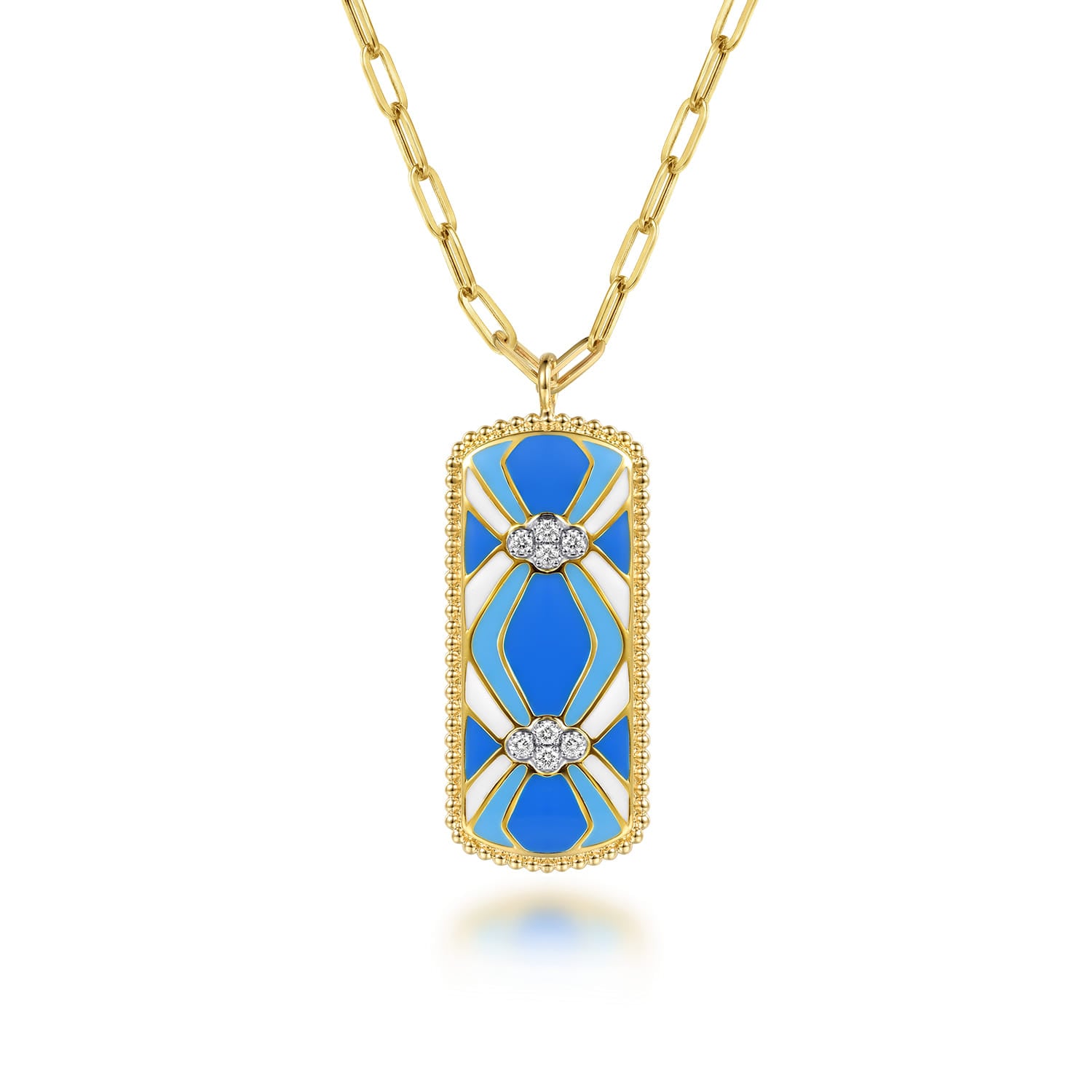 14K White and Yellow Gold Bujukan Diamond Dog Tag Pendant Necklace with Blue and Dust Blue and White Enamel