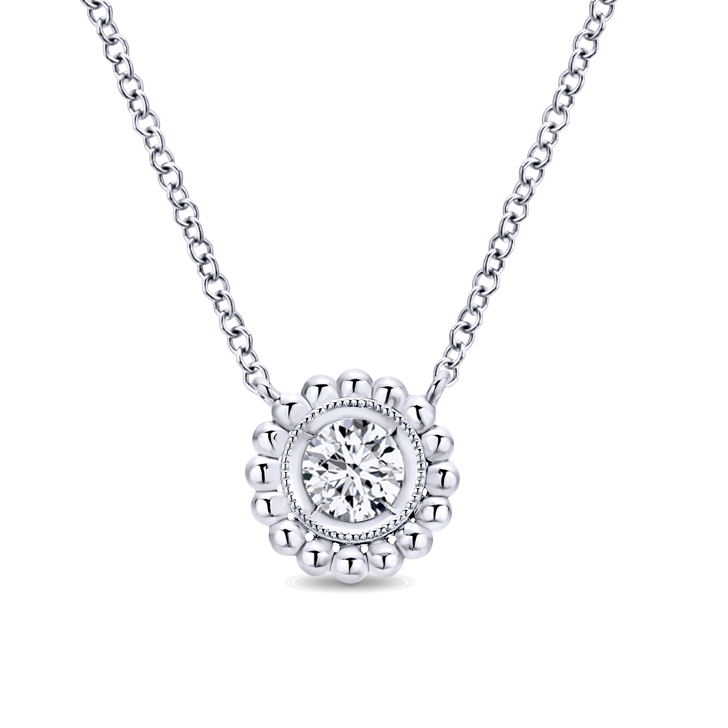 14K Gold Round Bezel Set Diamond Pendant Necklace with Beaded Frame