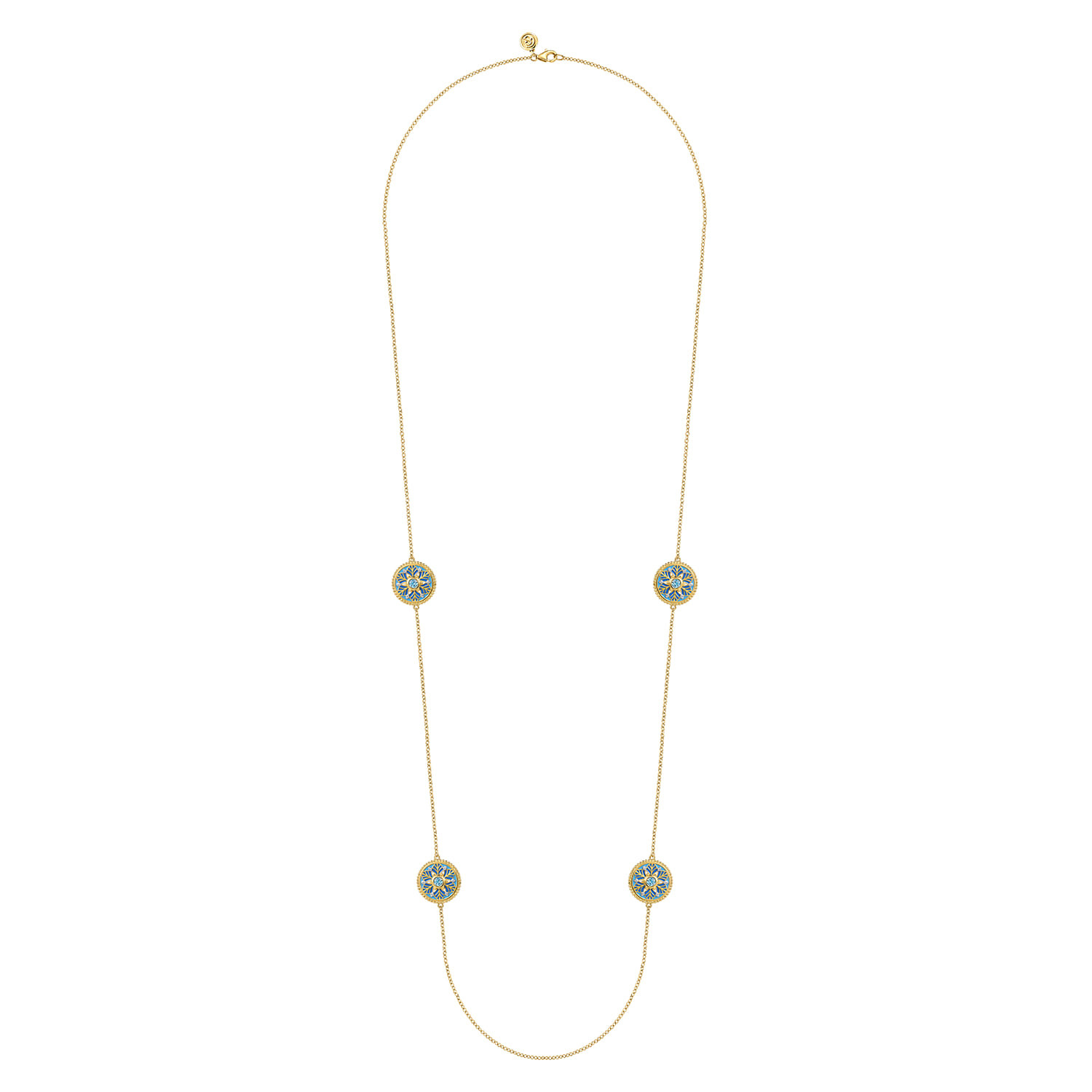 14K Yellow Gold Bujukan Diamond and Blue Topaz Station Necklace with Blue and Dust Blue and White Enamel