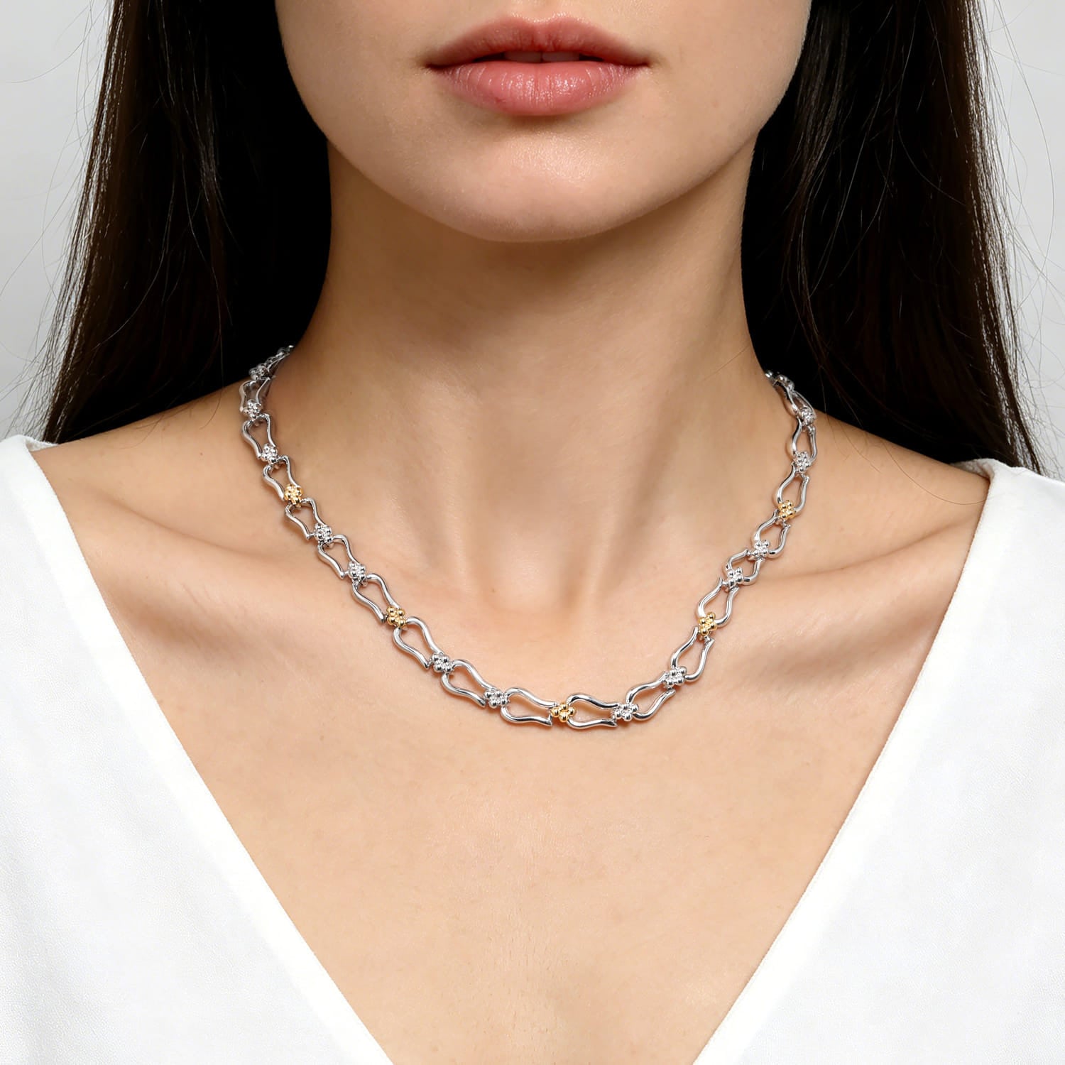 14K Yellow Gold and 925 Sterling Silver Bujukan Beaded Stirrup Link Chain Necklace