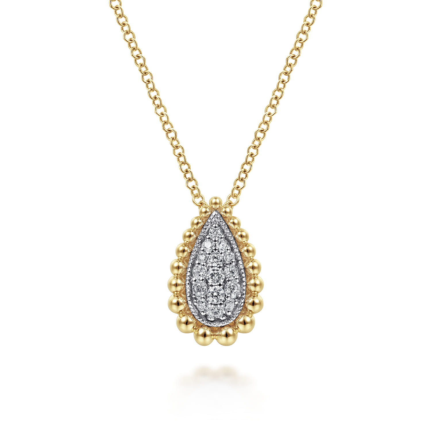 14K White & Yellow Gold Teardrop Diamond Pave Pendant Necklace with Beaded Frame