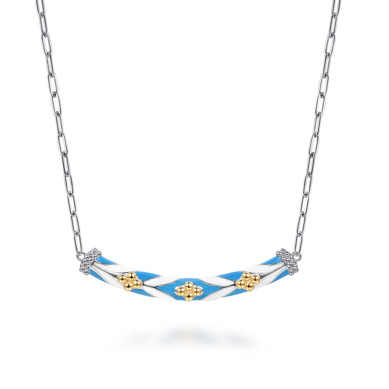14K Yellow Gold and 925 Sterling Silver Bujukan Clover Bar Necklace with White and Dusk Blue Enamel