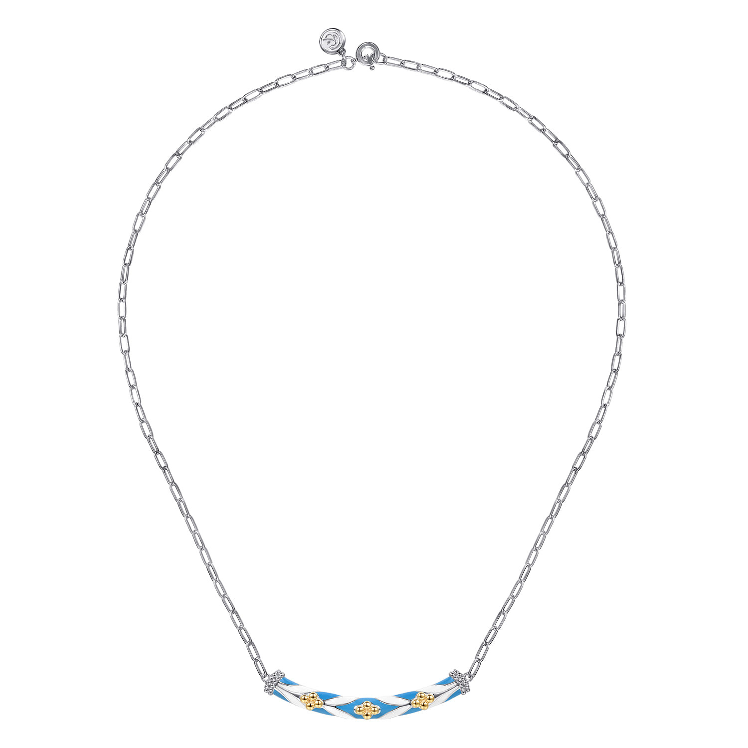 14K Yellow Gold and 925 Sterling Silver Bujukan Clover Bar Necklace with White and Dusk Blue Enamel