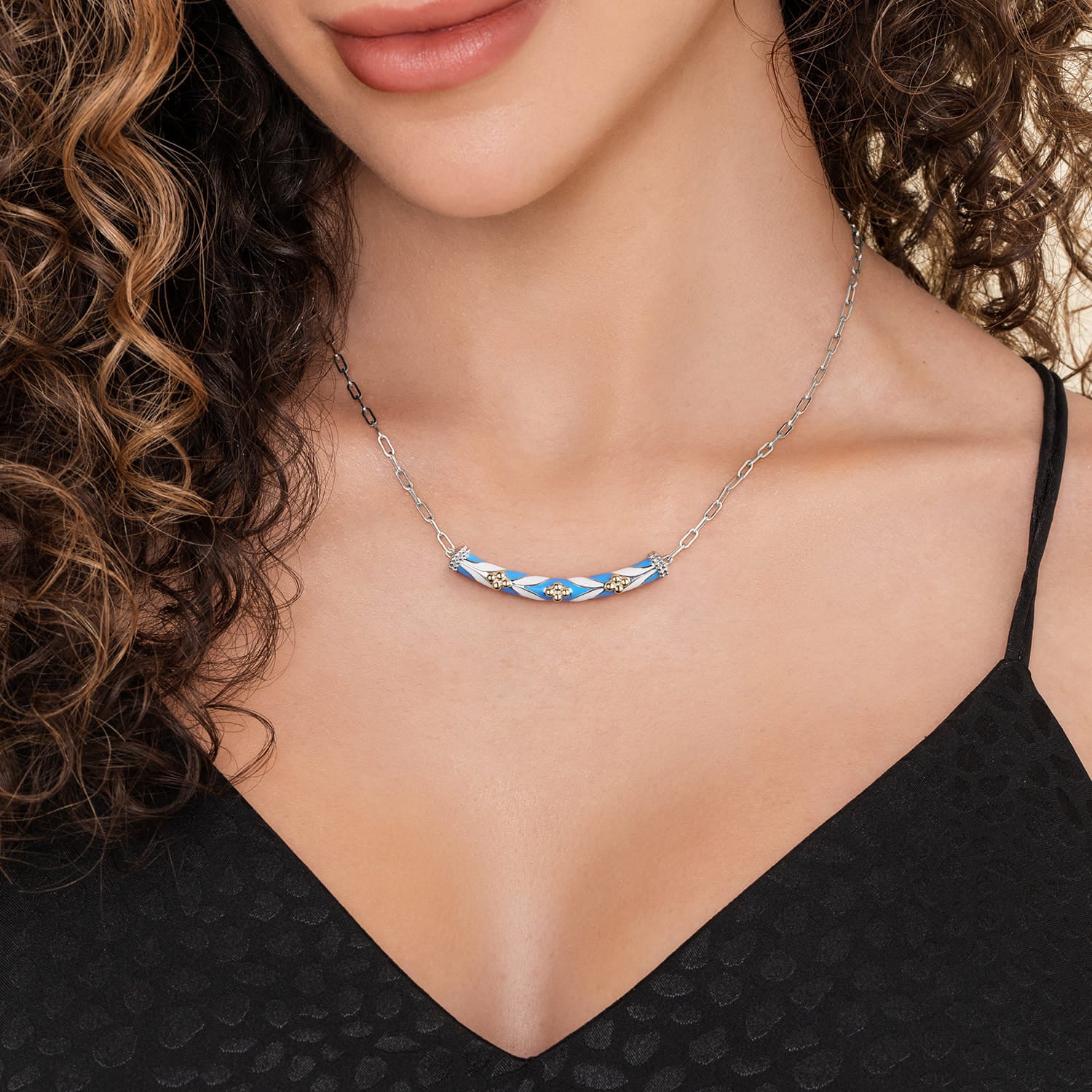 14K Yellow Gold and 925 Sterling Silver Bujukan Clover Bar Necklace with White and Dusk Blue Enamel