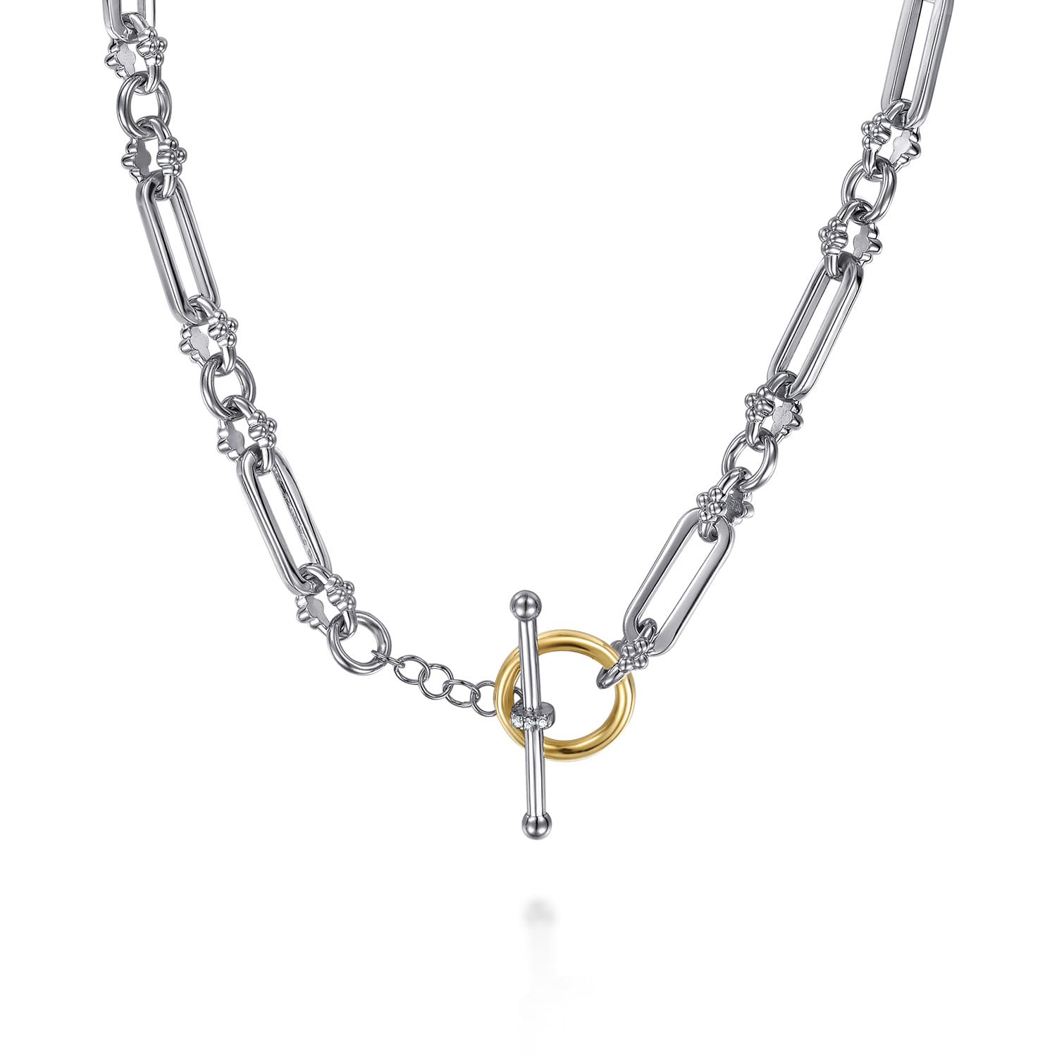 14K Yellow Gold and 925 Sterling Silver Bujukan Beaded White Sapphire Link Chain Necklace