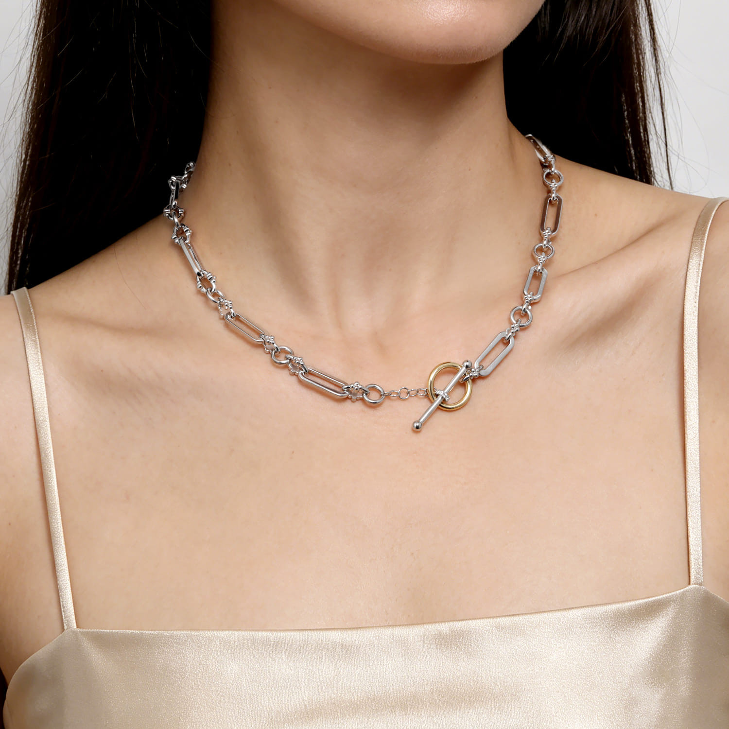 14K Yellow Gold and 925 Sterling Silver Bujukan Beaded White Sapphire Link Chain Necklace